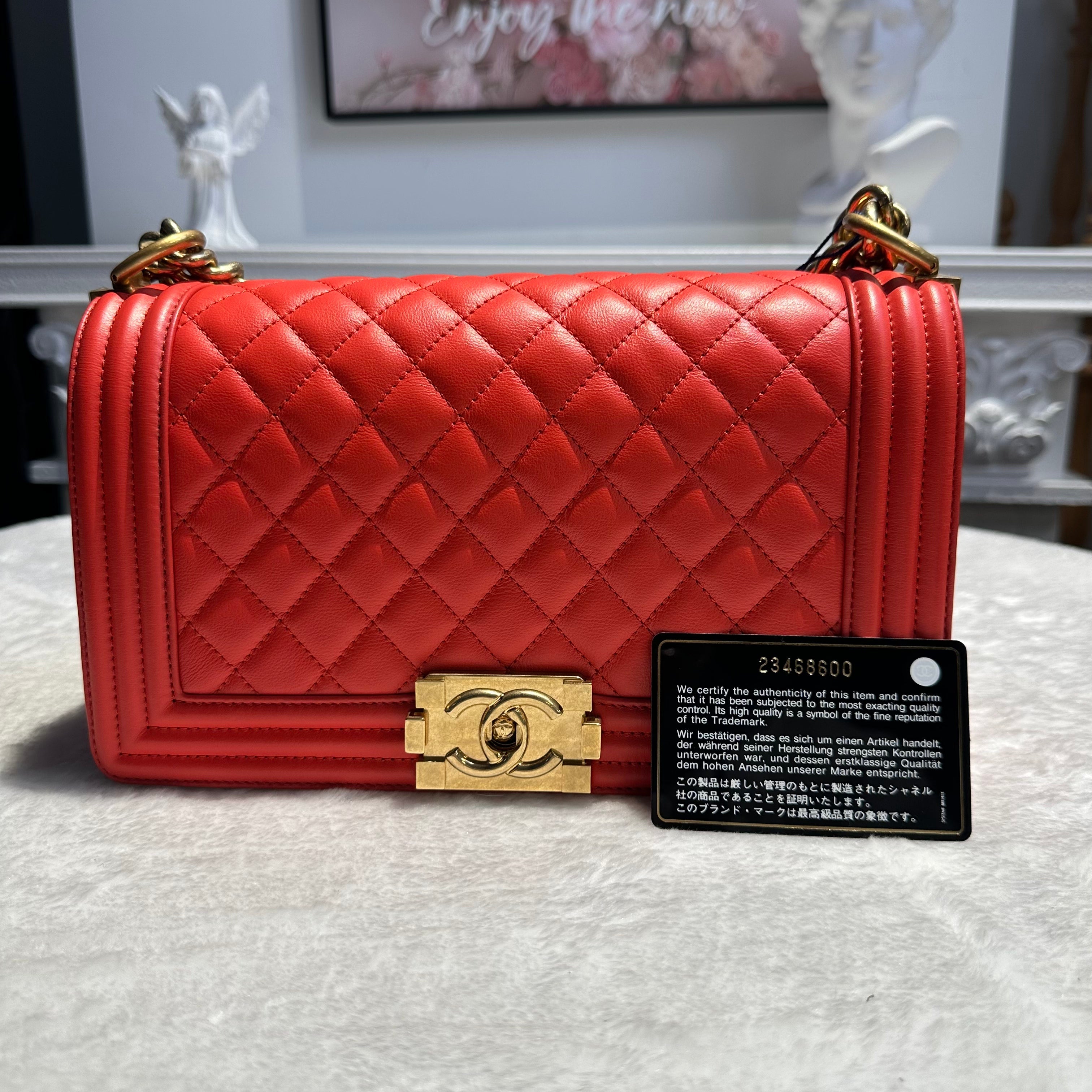 【#254】Pre-owned Chanel Medium Boy Bag Red Quilted Lambskin Leather with Gold-Tone Hardware  1