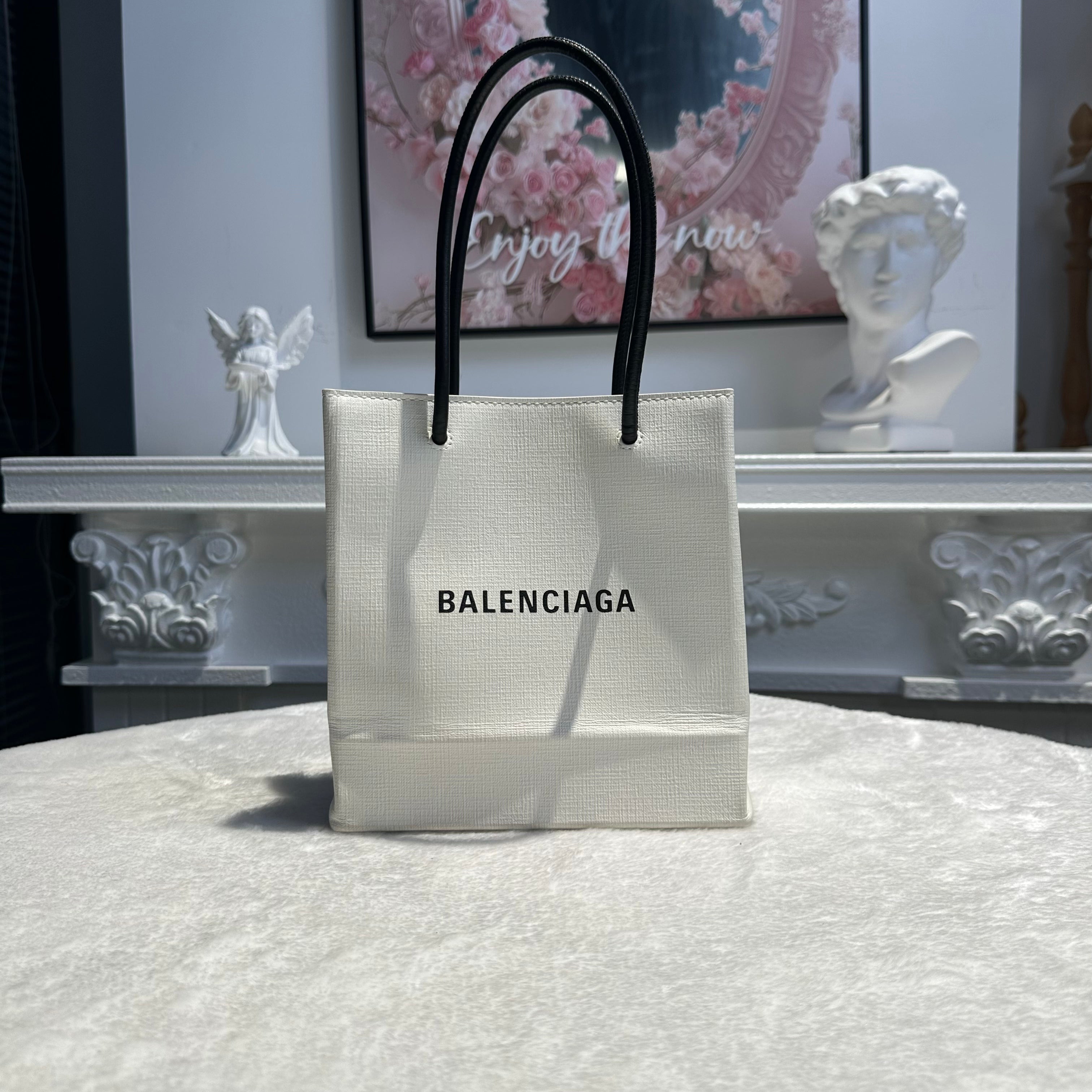 【#244】Pre-owned Balenciaga Hourglass Small Bag White Calfskin Leather with Silver-Tone Hardware