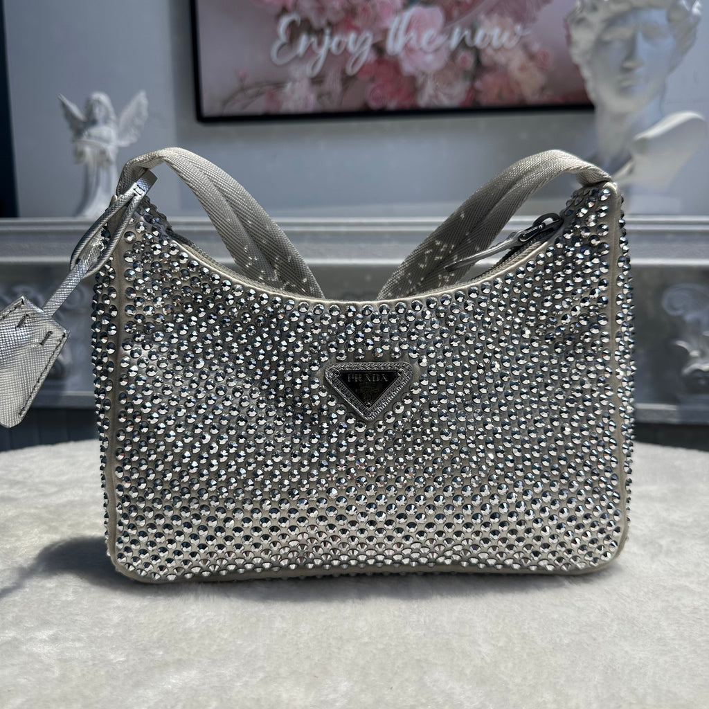 【#239】Pre-owned Prada Re-Edition 2005 Hobo Bag Silver Crystal-Embellished Satin