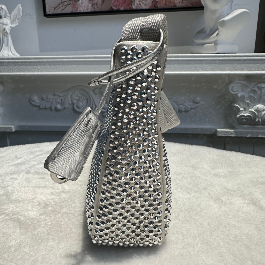 【#239】Pre-owned Prada Re-Edition 2005 Hobo Bag Silver Crystal-Embellished Satin