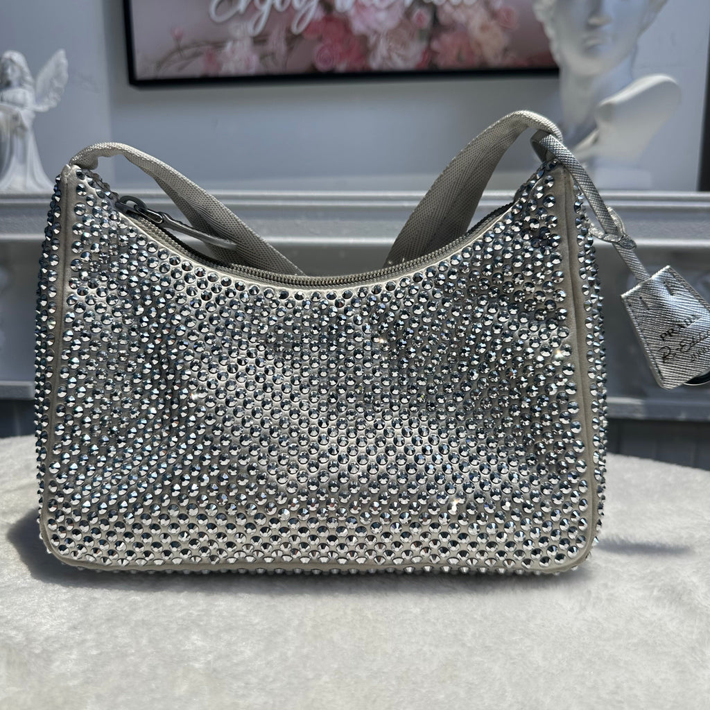 【#239】Pre-owned Prada Re-Edition 2005 Hobo Bag Silver Crystal-Embellished Satin