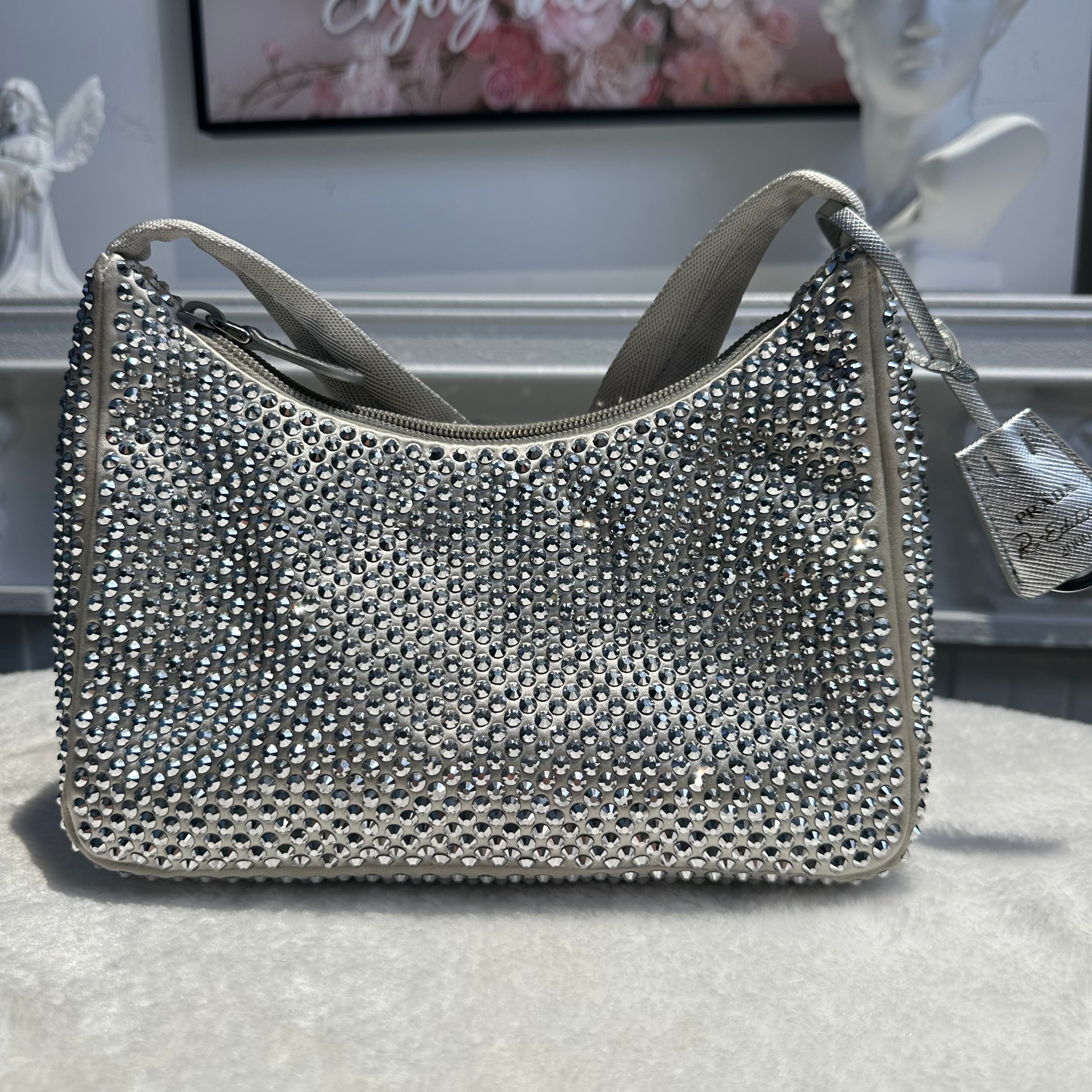 【#239】Pre-owned Prada Re-Edition 2005 Hobo Bag Silver Crystal-Embellished Satin