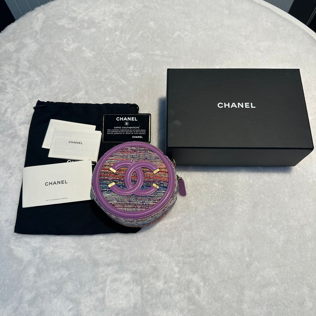 【#260】Pre-owned Chanel Round Coin Purse Multicolor Tweed with Purple Leather Trim & Gold-Tone Hardware
