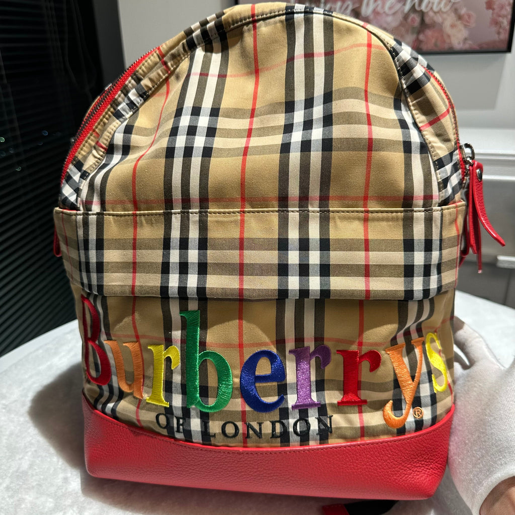 【#271】Pre-owned Burberry Rainbow Logo Backpack Vintage Check Canvas with Red Leather Trim