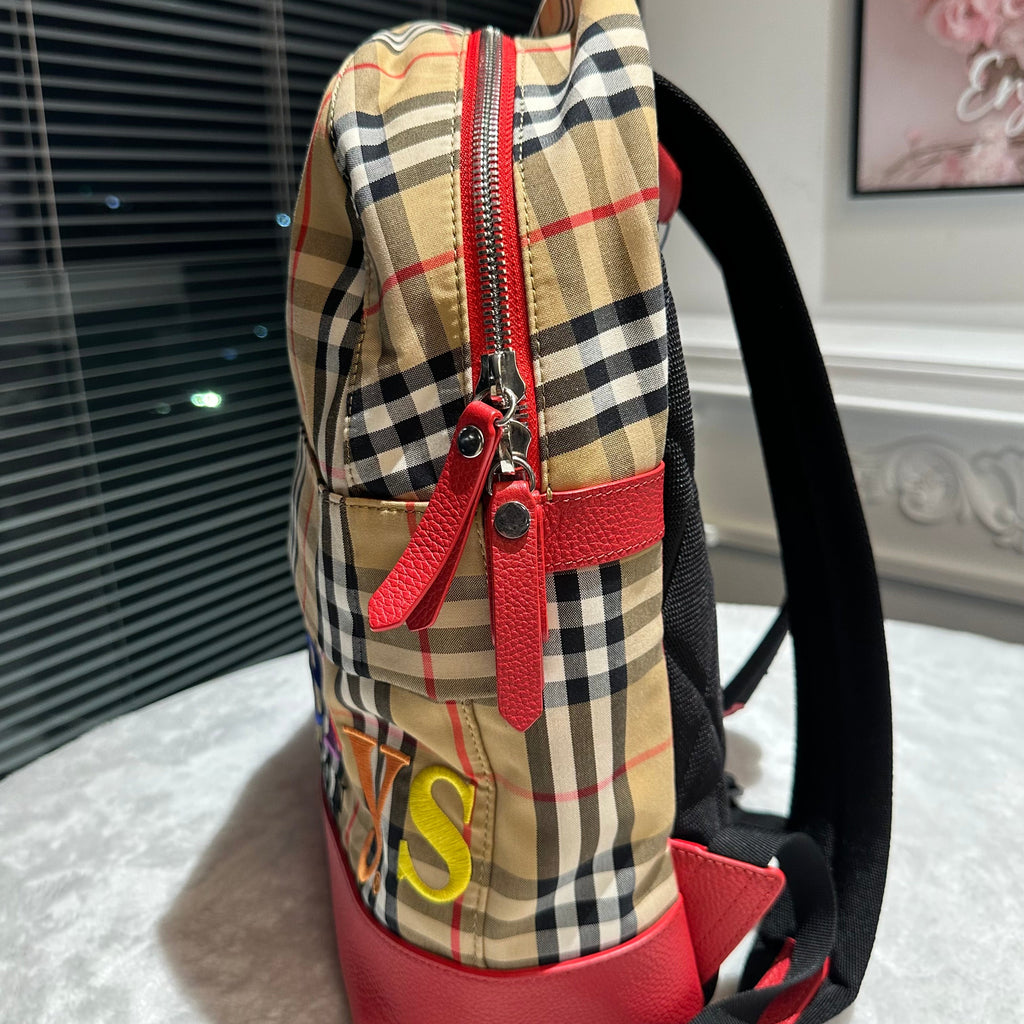 【#271】Pre-owned Burberry Rainbow Logo Backpack Vintage Check Canvas with Red Leather Trim