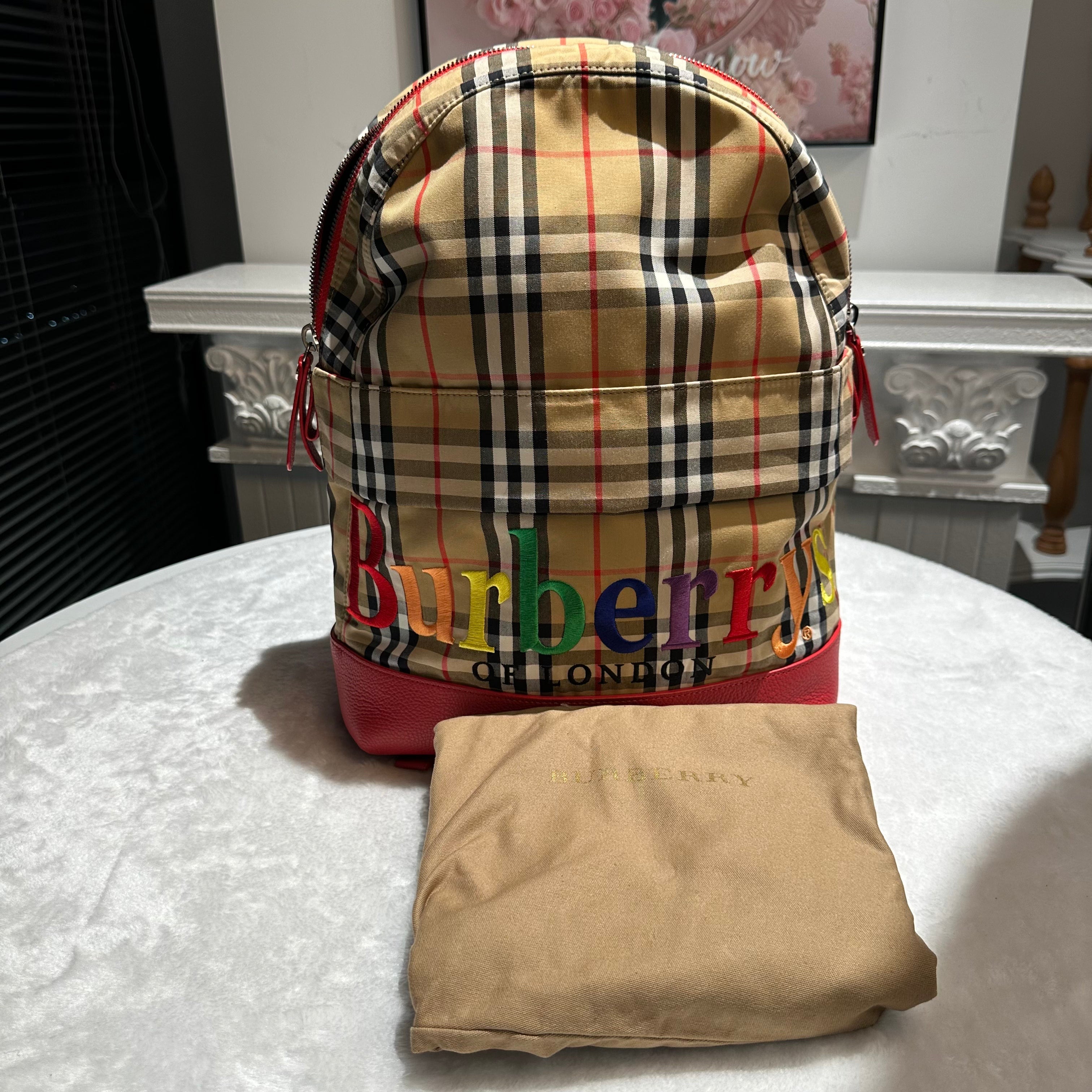 【#271】Pre-owned Burberry Rainbow Logo Backpack Vintage Check Canvas with Red Leather Trim