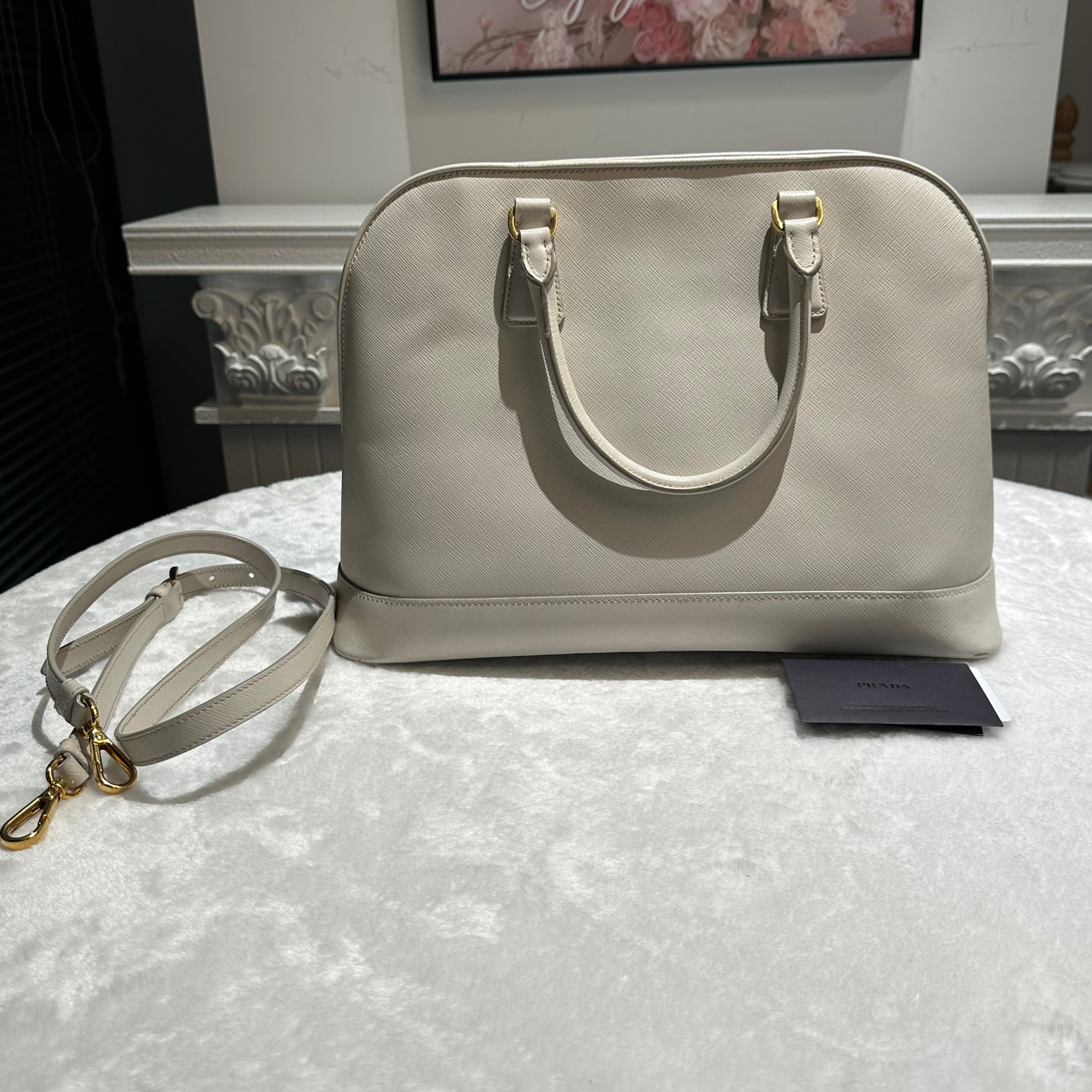 【#249】Pre-owned Prada Large Dome Bag White Saffiano Leather with Gold-Tone Hardware