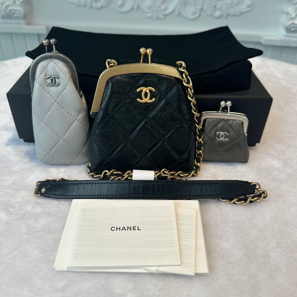 【#251】Pre-owned Chanel Kiss Lock Coin Purse & Mini Pouch Set Quilted Leather with Mixed Hardware