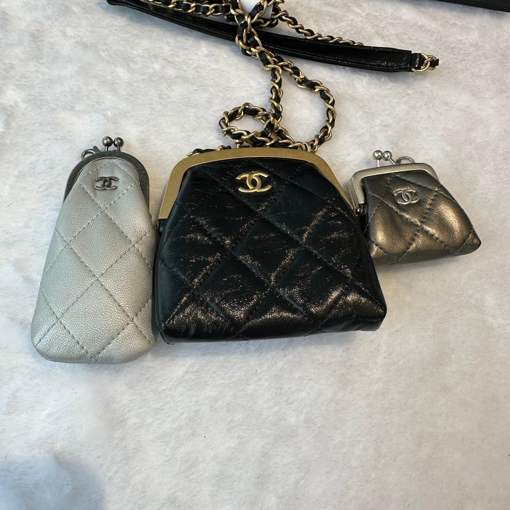 【#251】Pre-owned Chanel Kiss Lock Coin Purse & Mini Pouch Set Quilted Leather with Mixed Hardware