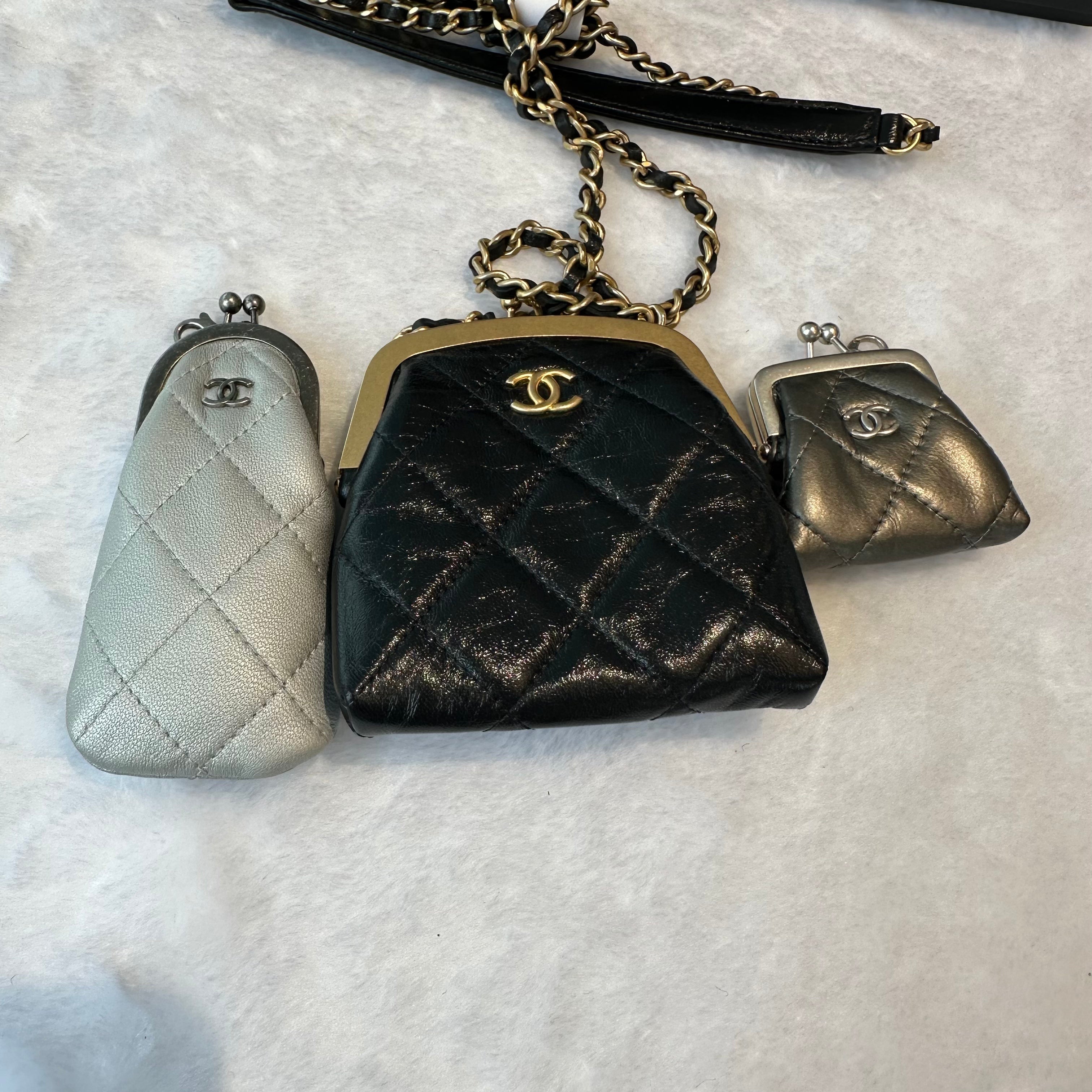 【#251】Pre-owned Chanel Kiss Lock Coin Purse & Mini Pouch Set Quilted Leather with Mixed Hardware