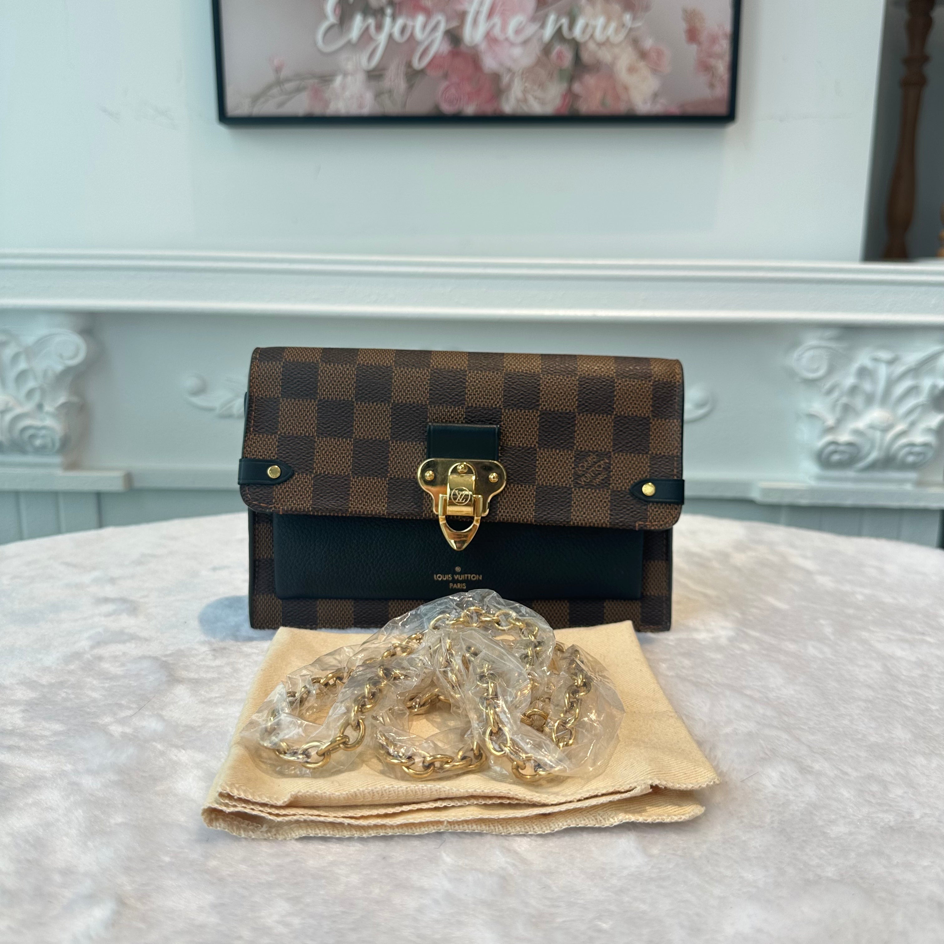 【#269】Pre-owned Louis Vuitton Vaugirard Clutch Damier Ebene Canvas with Black Leather Trim