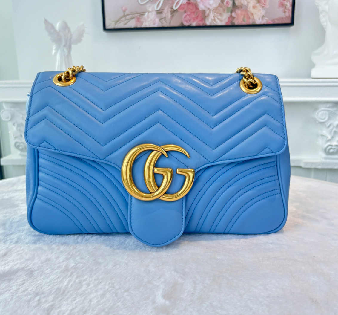 【#185】Pre-owned GUCCI Marmont Medium 26cm Blue Matelassé Calfskin Leather Gold Hardware Shoulder Bag  Price – 2nd Installment