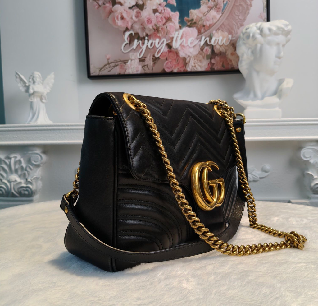 【#179】Pre-owned Gucci GG Marmont 31 Bag Black Matelassé Leather