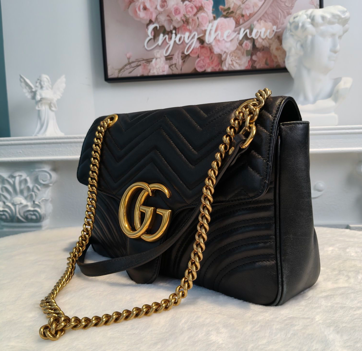 【#179】Pre-owned Gucci GG Marmont 31 Bag Black Matelassé Leather