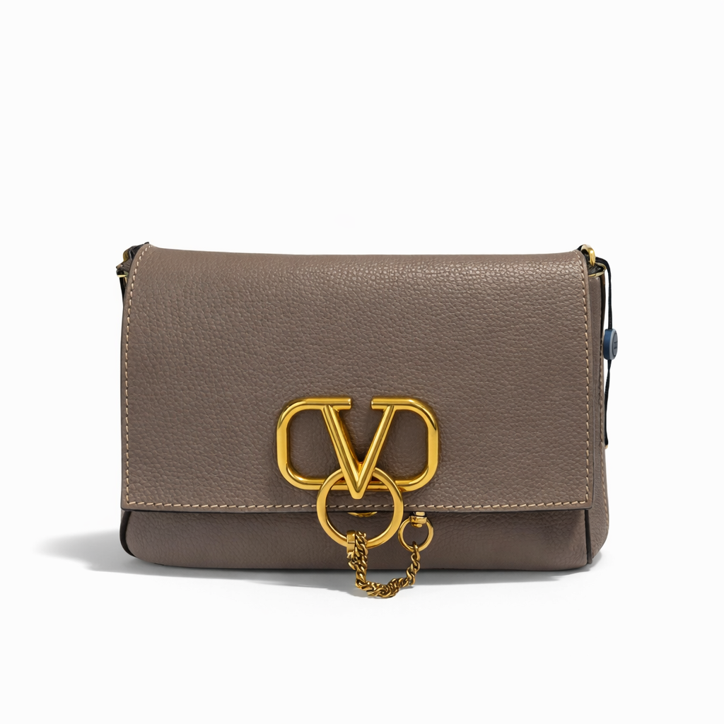 【#263】Pre-owned Valentino Garavani VRing Small Shoulder Bag Taupe Pebbled Leather with Gold-Tone Hardware