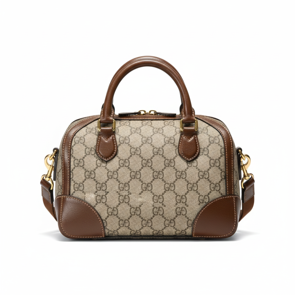【#288】Pre-owned Gucci Small Boston Bag GG Coated Canvas with Brown Leather Trim
