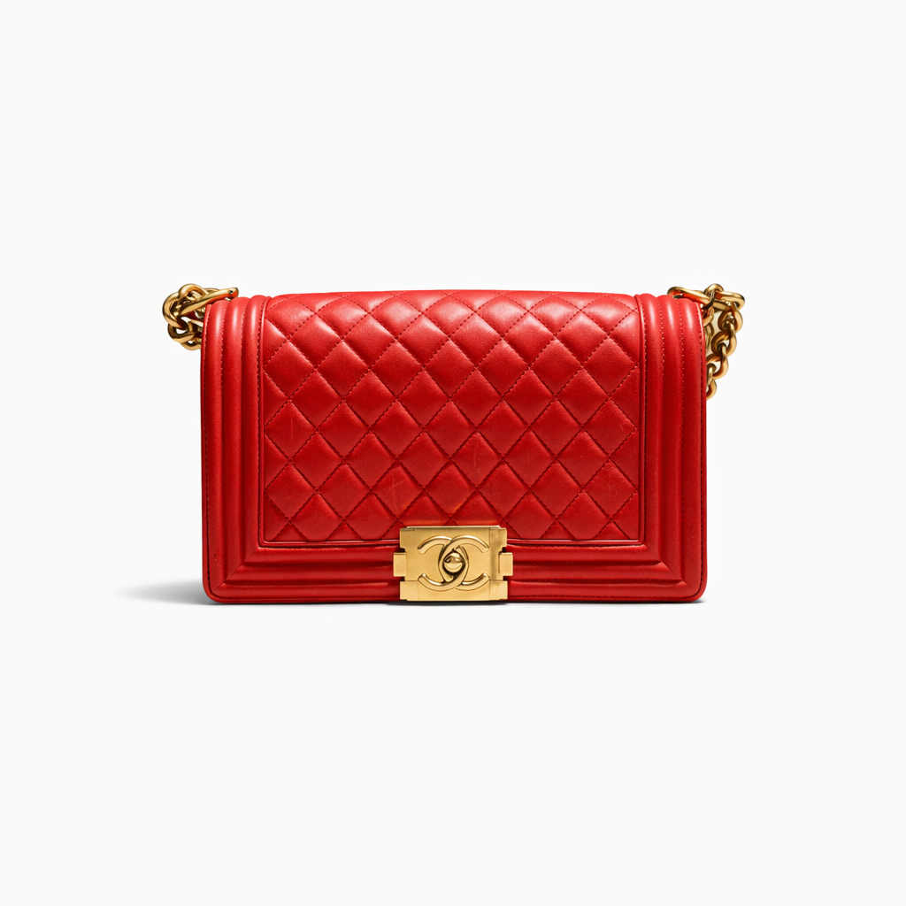【#254】Pre-owned Chanel Medium Boy Bag Red Quilted Lambskin Leather with Gold-Tone Hardware  1