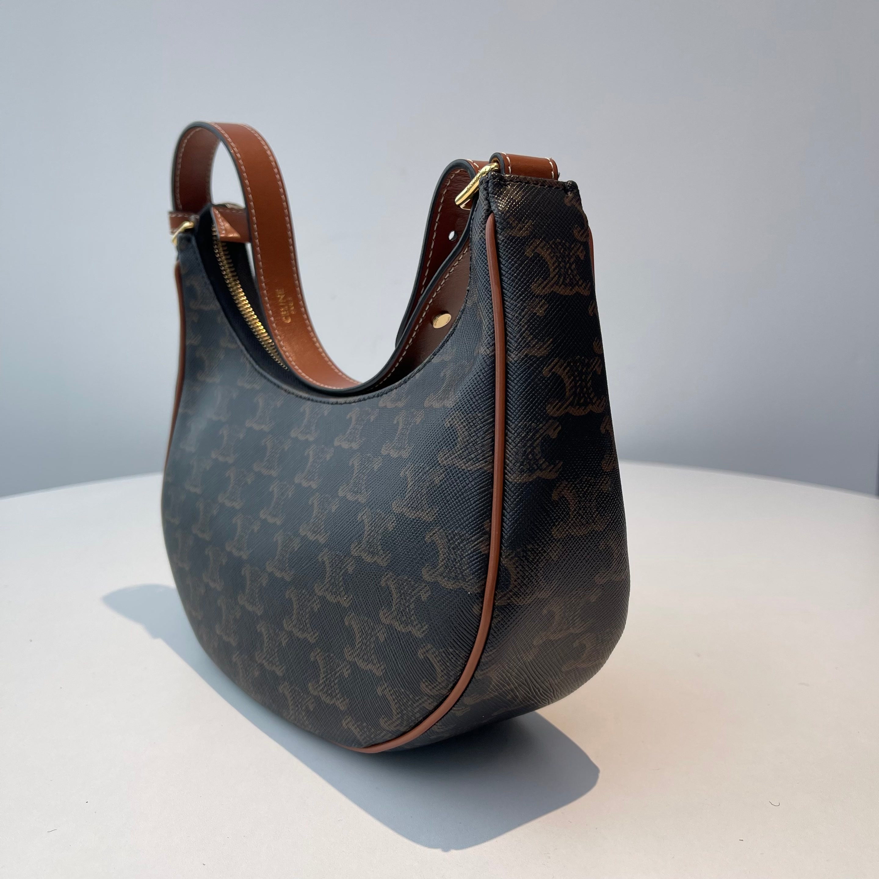 【#226】Pre-owned Celine Medium Ava Bag Triomphe Canvas & Tan Calfskin Leather