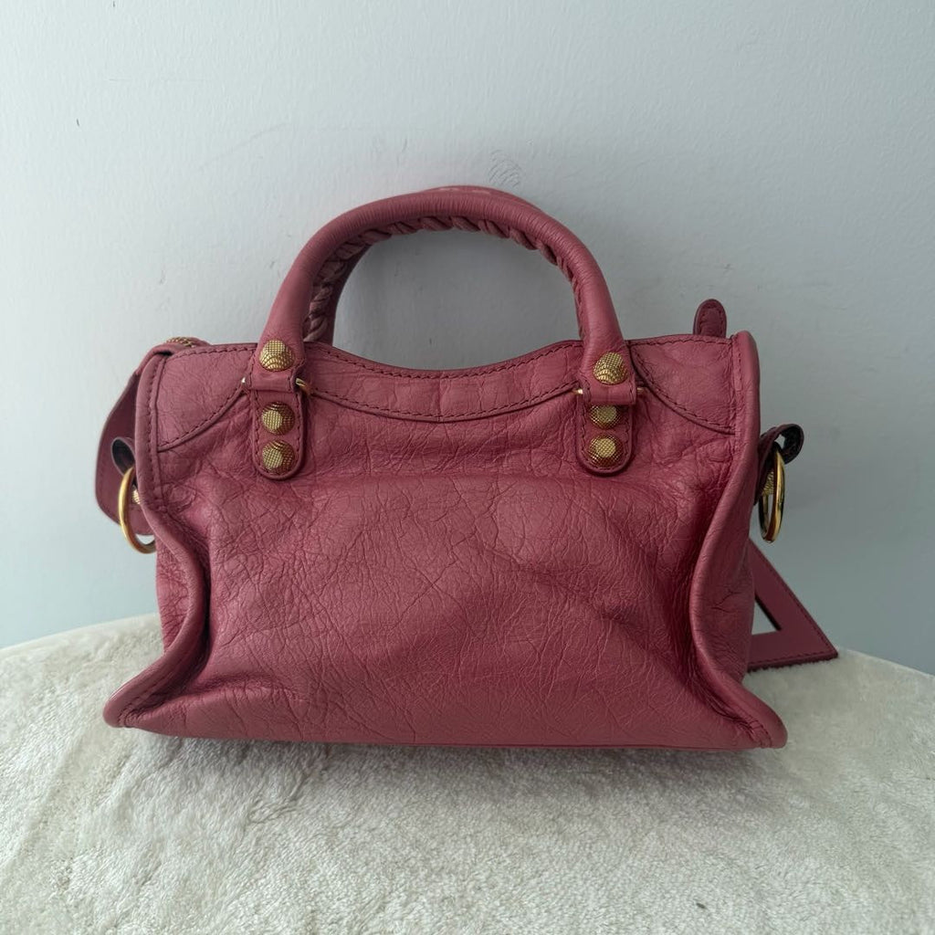 【#159】Pre-owned BALENCIAGA City Mini Pink Oil wax  Leather Gold Studs Crossbody Bag HZ251128&&