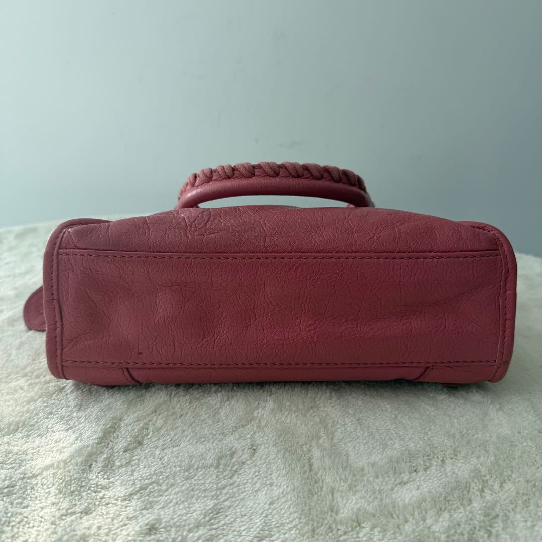 【#159】Pre-owned BALENCIAGA City Mini Pink Oil wax  Leather Gold Studs Crossbody Bag HZ251128&&