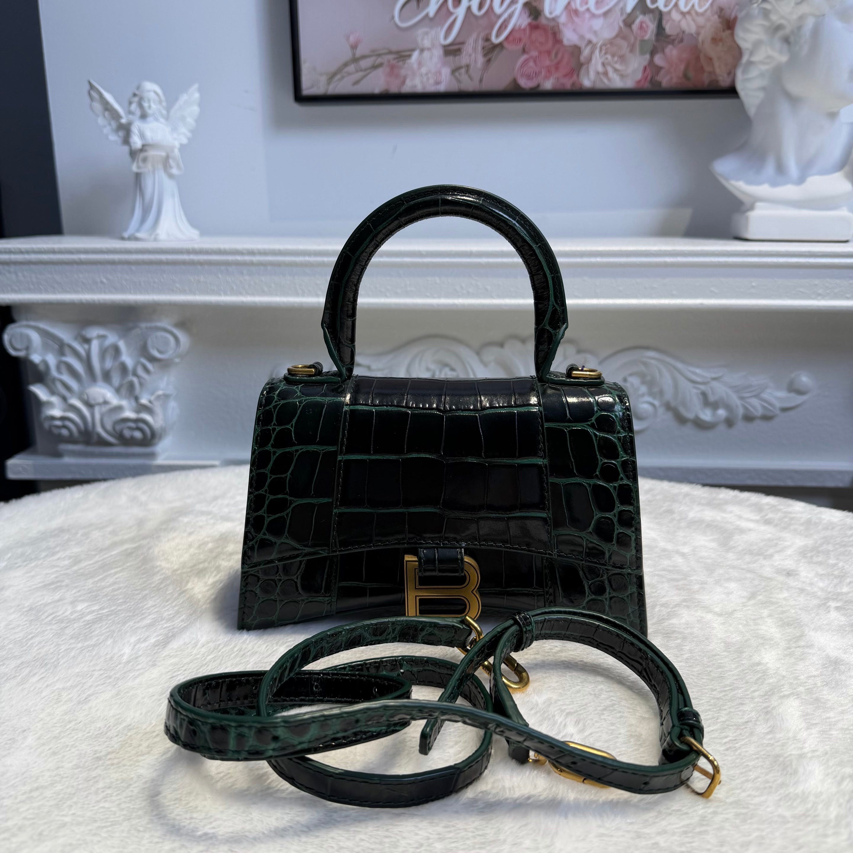 【#155】Pre-owned BALENCIAGA Hourglass XS Dark Green Crocodile-Embossed Leather Gold Hardware Shoulder Bag HZ260131&&