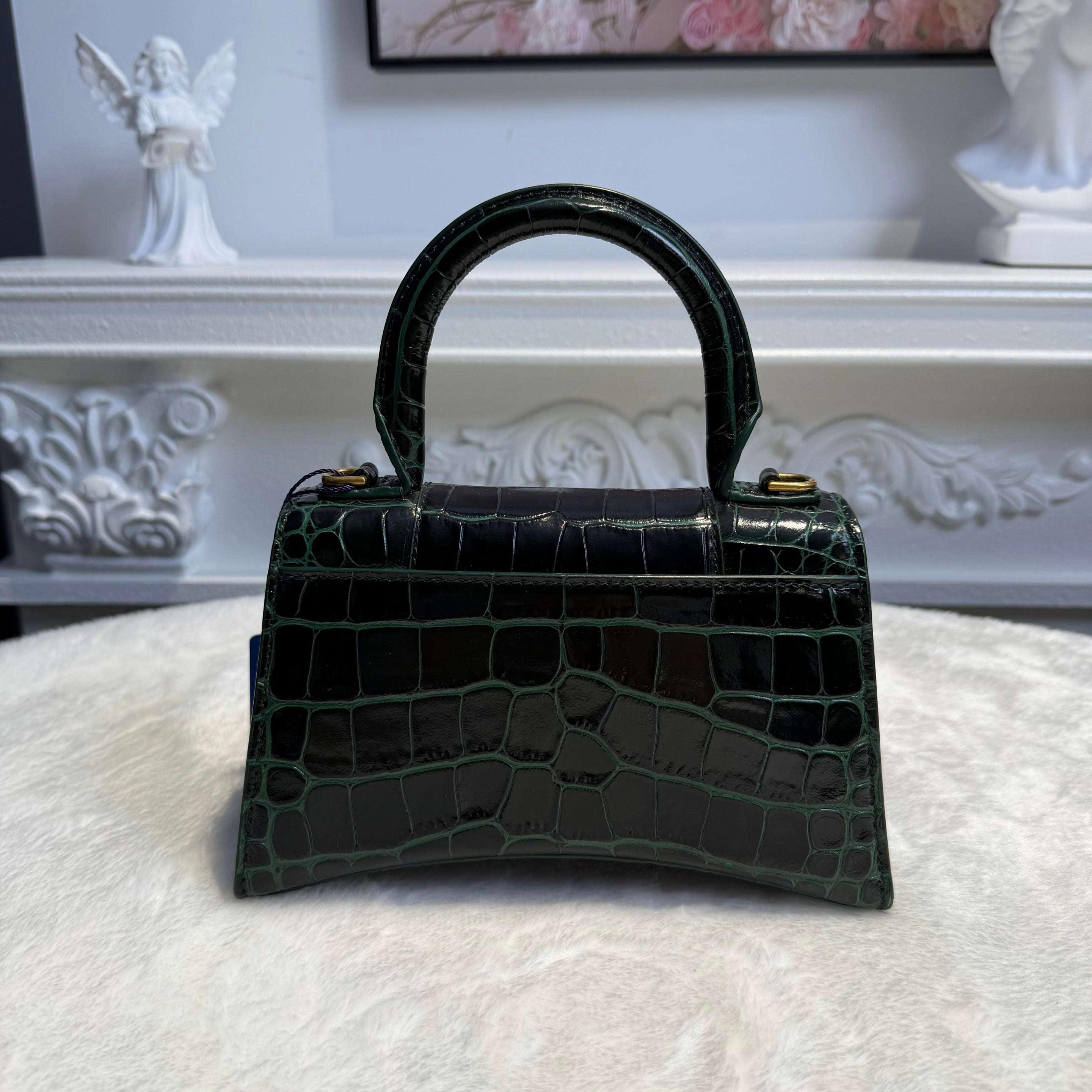 【#155】Pre-owned BALENCIAGA Hourglass XS Dark Green Crocodile-Embossed Leather Gold Hardware Shoulder Bag HZ260131&&