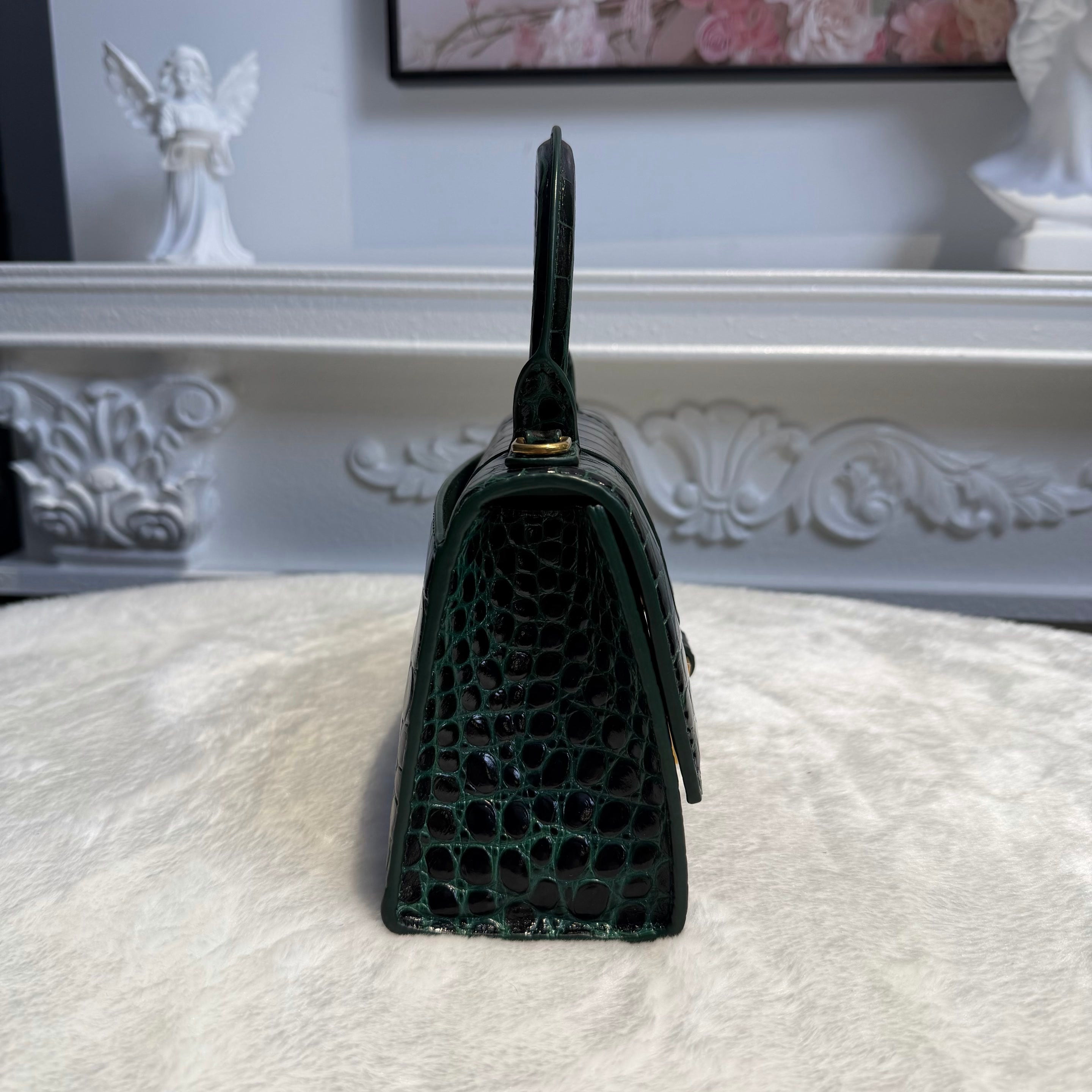 【#155】Pre-owned BALENCIAGA Hourglass XS Dark Green Crocodile-Embossed Leather Gold Hardware Shoulder Bag HZ260131&&
