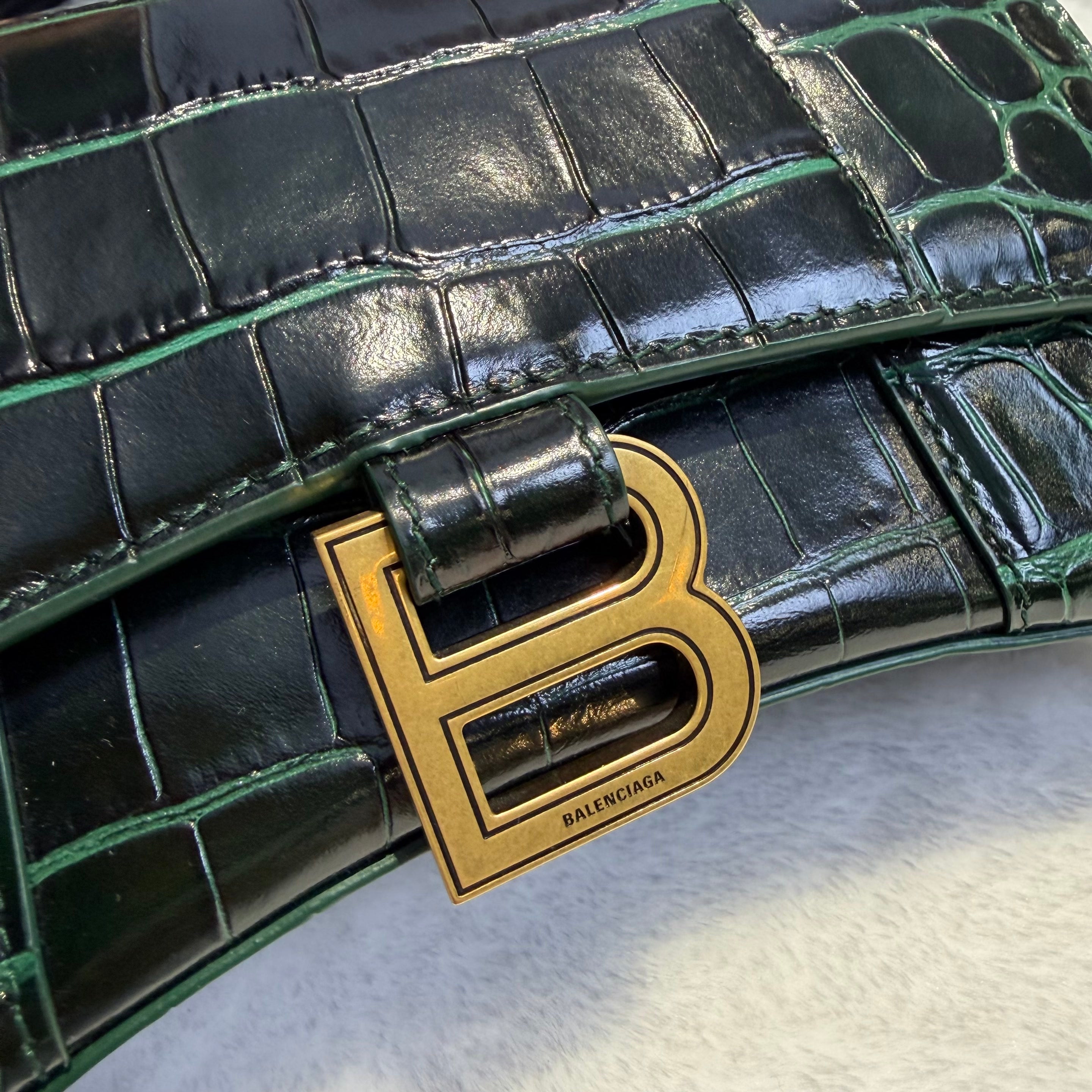 【#155】Pre-owned BALENCIAGA Hourglass XS Dark Green Crocodile-Embossed Leather Gold Hardware Shoulder Bag HZ260131&&