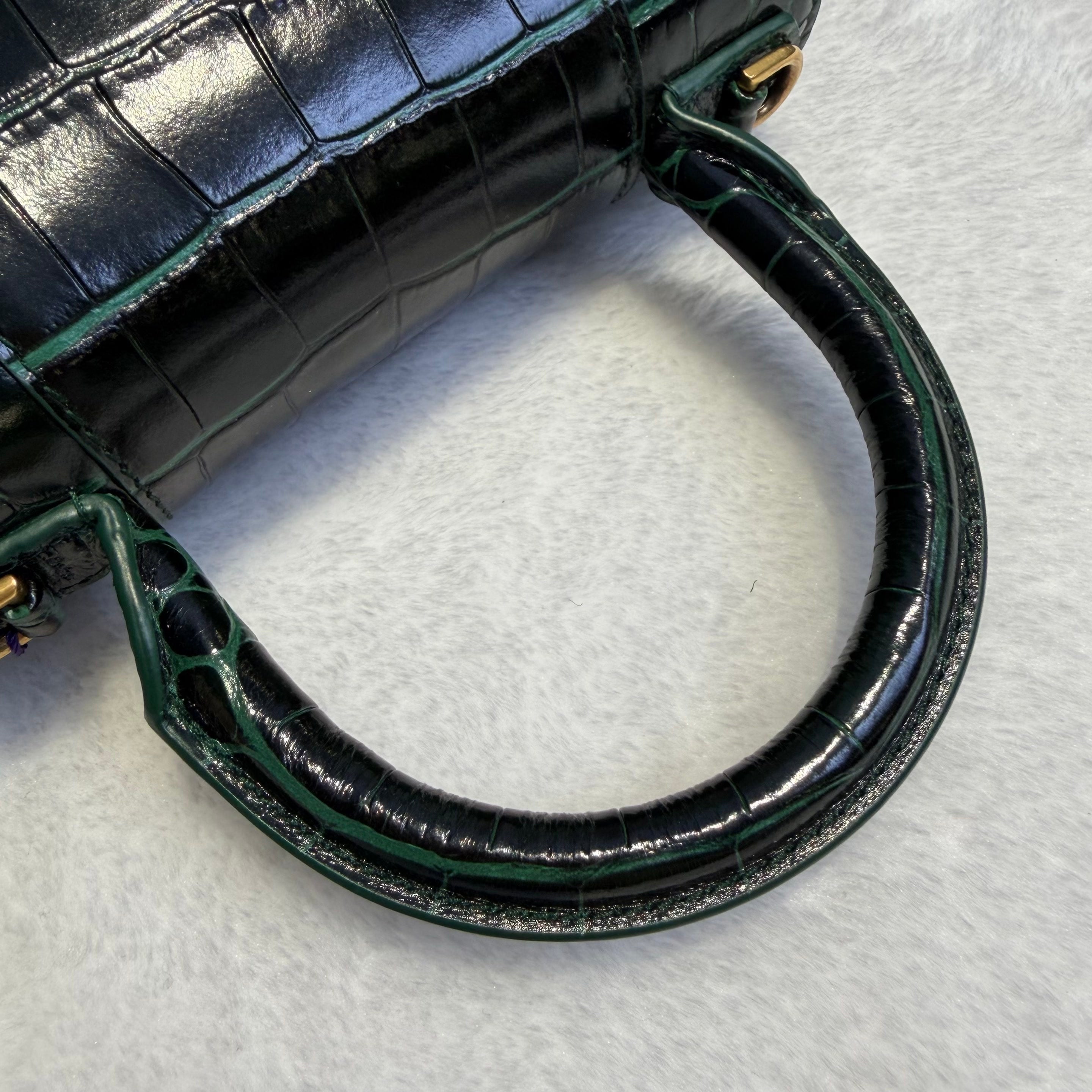 【#155】Pre-owned BALENCIAGA Hourglass XS Dark Green Crocodile-Embossed Leather Gold Hardware Shoulder Bag HZ260131&&