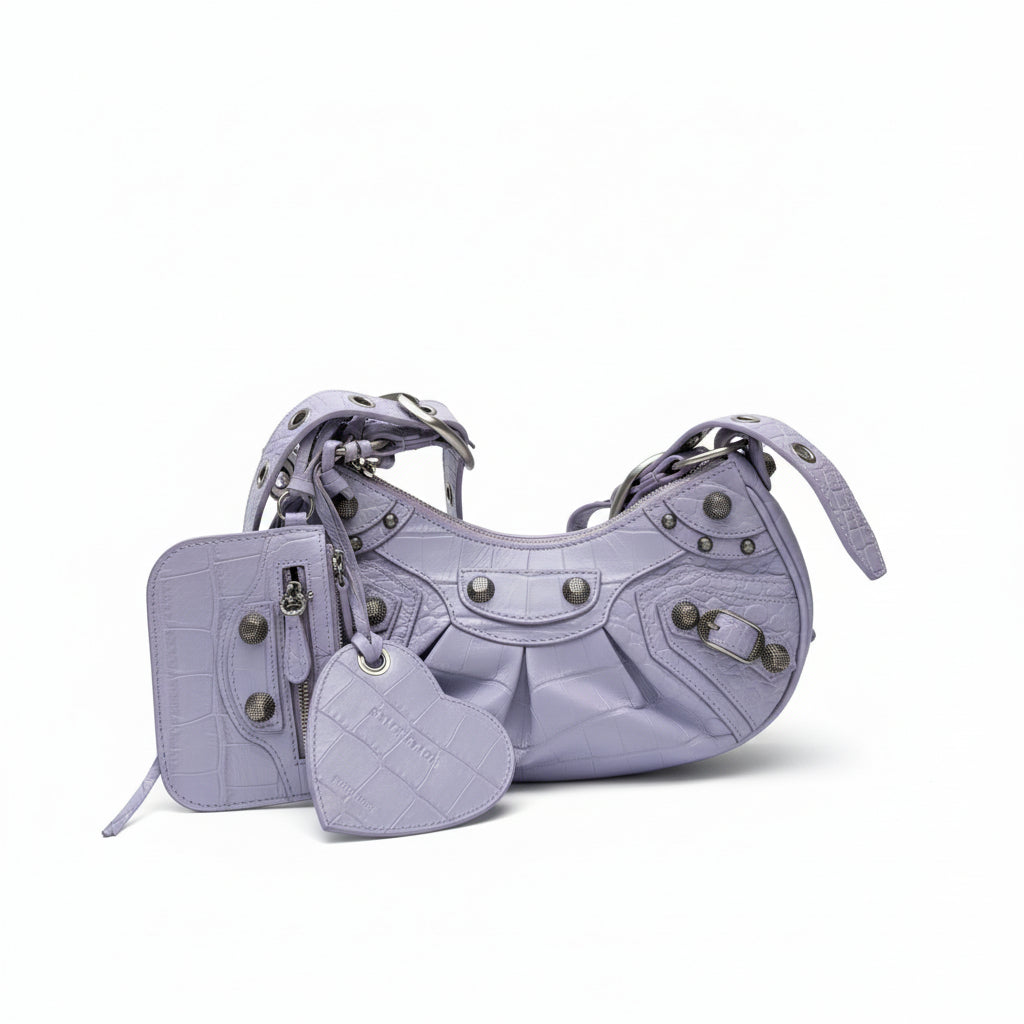 【#157】Pre-owned BALENCIAGA Le Cagole XS Light Purple Croc-Embossed Leather Distressed Silver Hardware Crossbody bag HZ251219&&