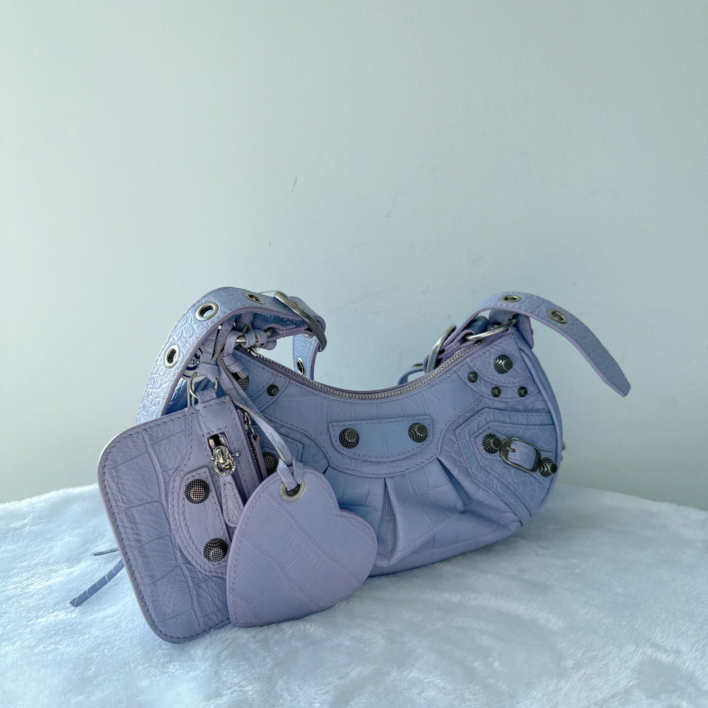 【#157】Pre-owned BALENCIAGA Le Cagole XS Light Purple Croc-Embossed Leather Distressed Silver Hardware Crossbody bag HZ251219&&