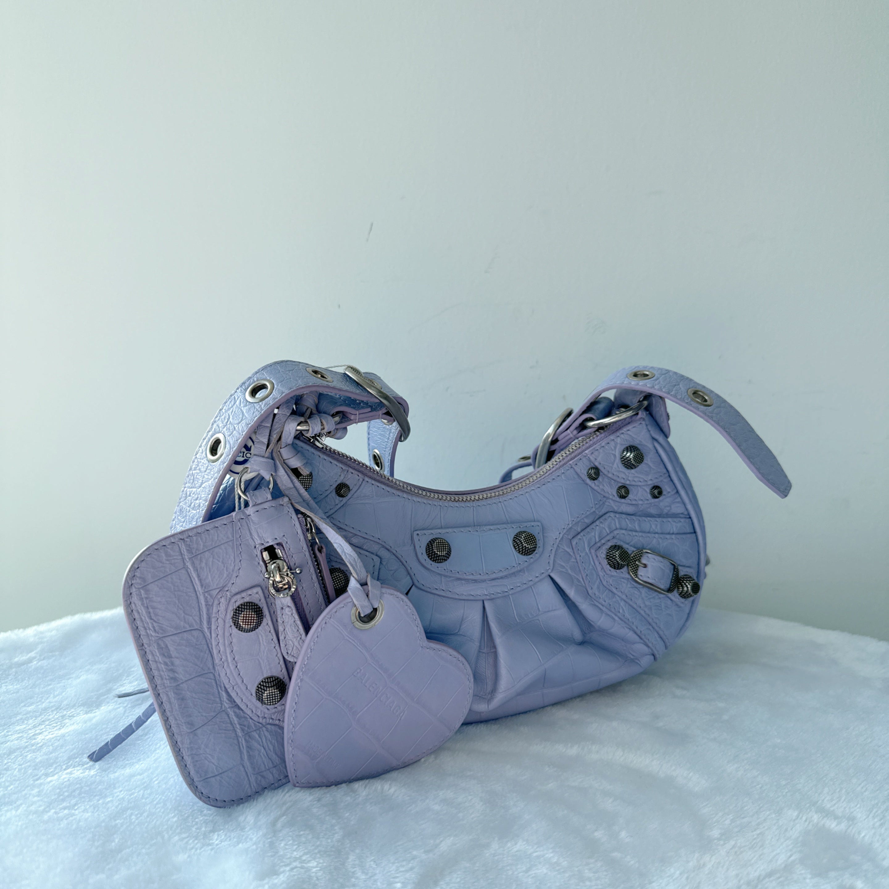 【#157】Pre-owned BALENCIAGA Le Cagole XS Light Purple Croc-Embossed Leather Distressed Silver Hardware Crossbody bag HZ251219&&