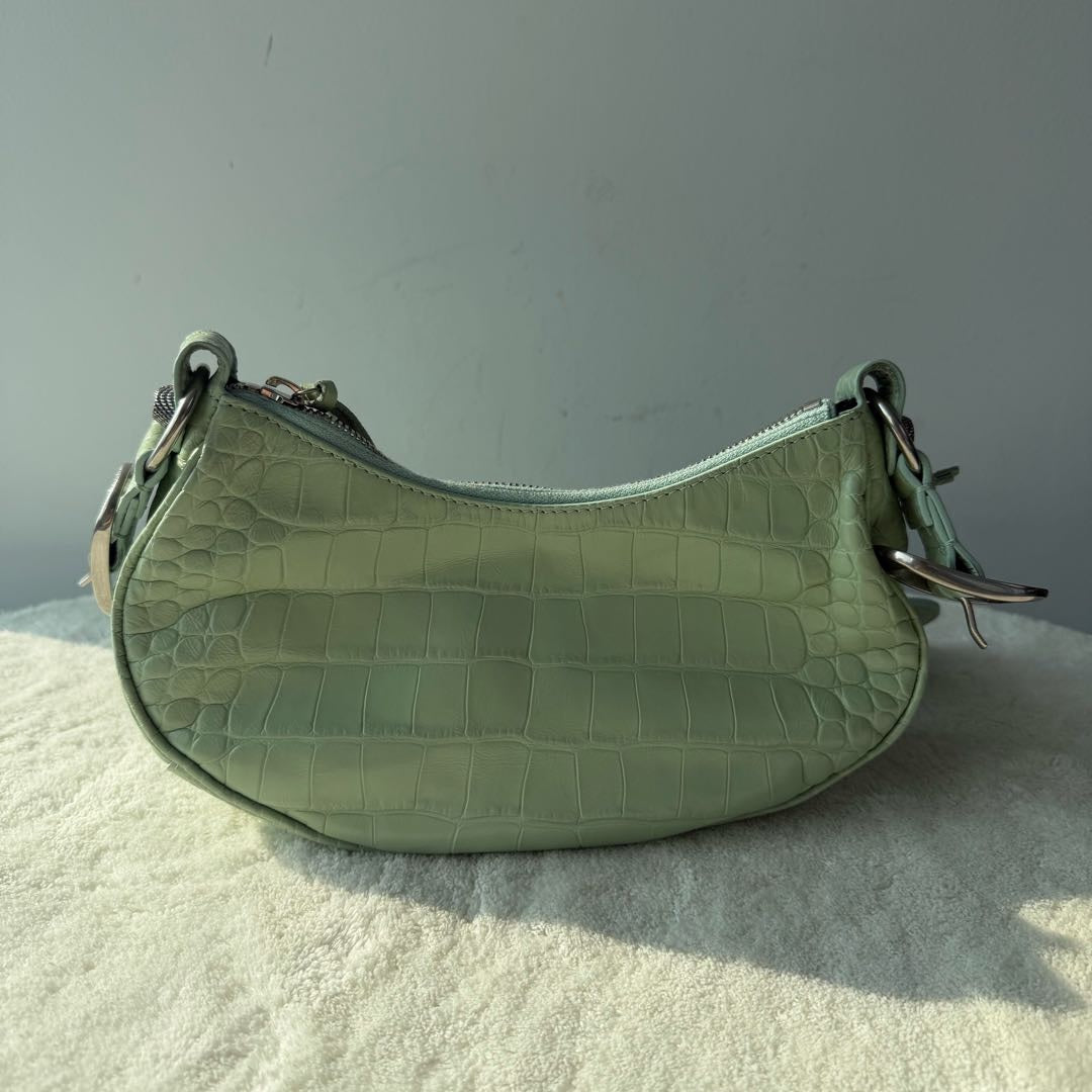 【#158】Pre-owned BALENCIAGA Le Cagole XS Light Blue Croc-Embossed Leather Distressed Silver Hardware Crossbody Bag HZ251218&&