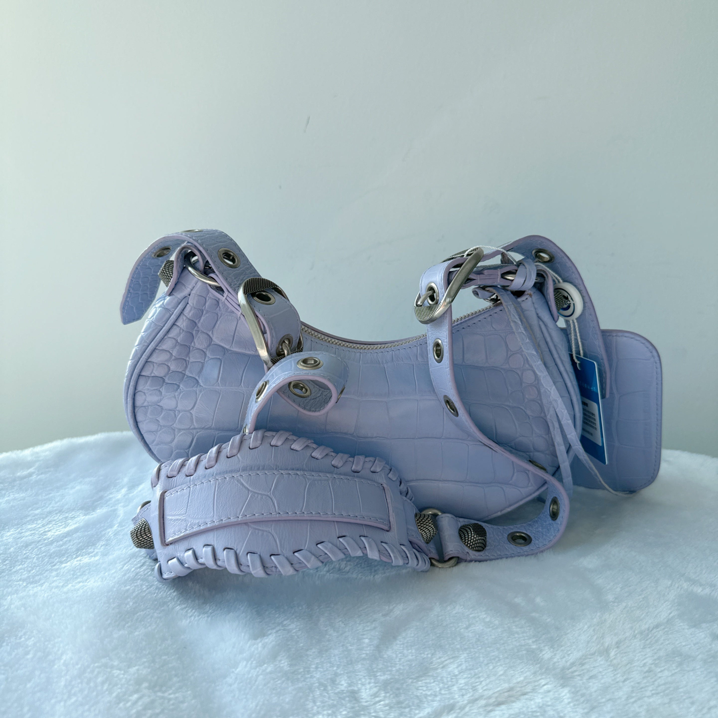 【#157】Pre-owned BALENCIAGA Le Cagole XS Light Purple Croc-Embossed Leather Distressed Silver Hardware Crossbody bag HZ251219&&