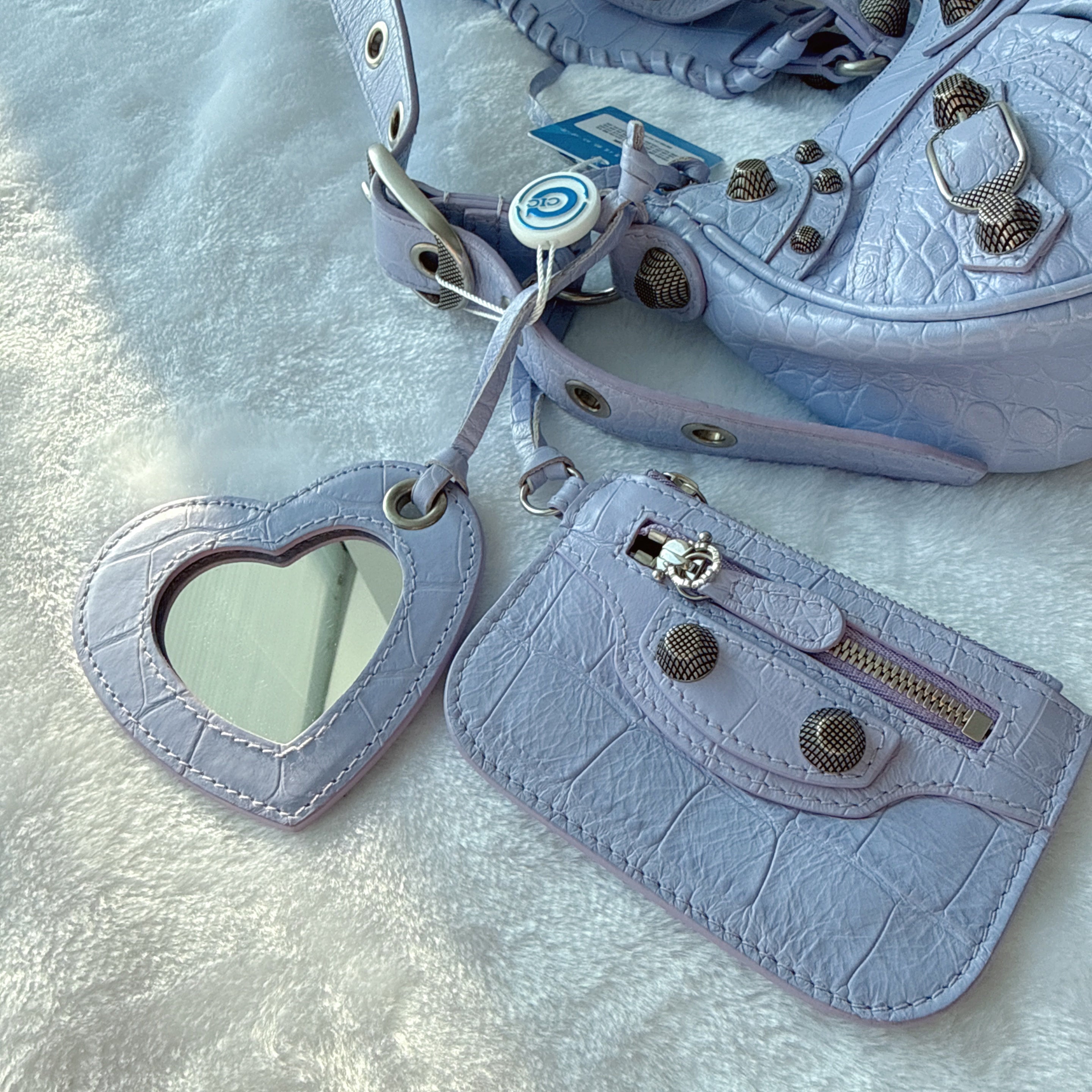 【#157】Pre-owned BALENCIAGA Le Cagole XS Light Purple Croc-Embossed Leather Distressed Silver Hardware Crossbody bag HZ251219&&