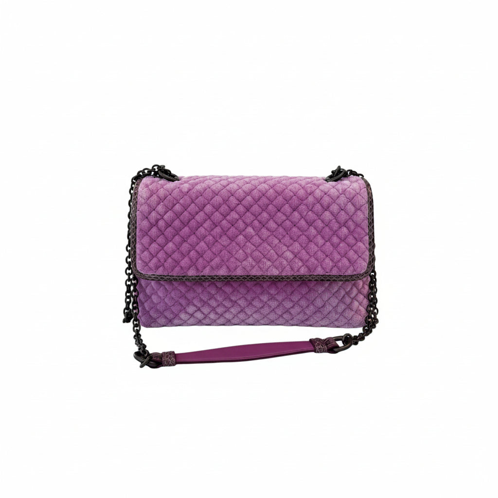 【#279】Pre-owned Bottega Veneta Medium Chain Bag Quilted Velvet in Lilac Purple with Dark Gunmetal Hardware