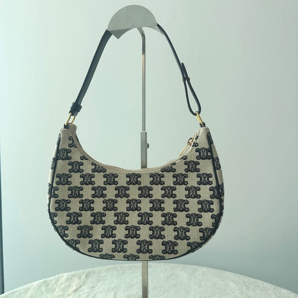 【#225】Pre-owned Celine Medium Ava Bag Triomphe Textile & Black Calfskin Leather