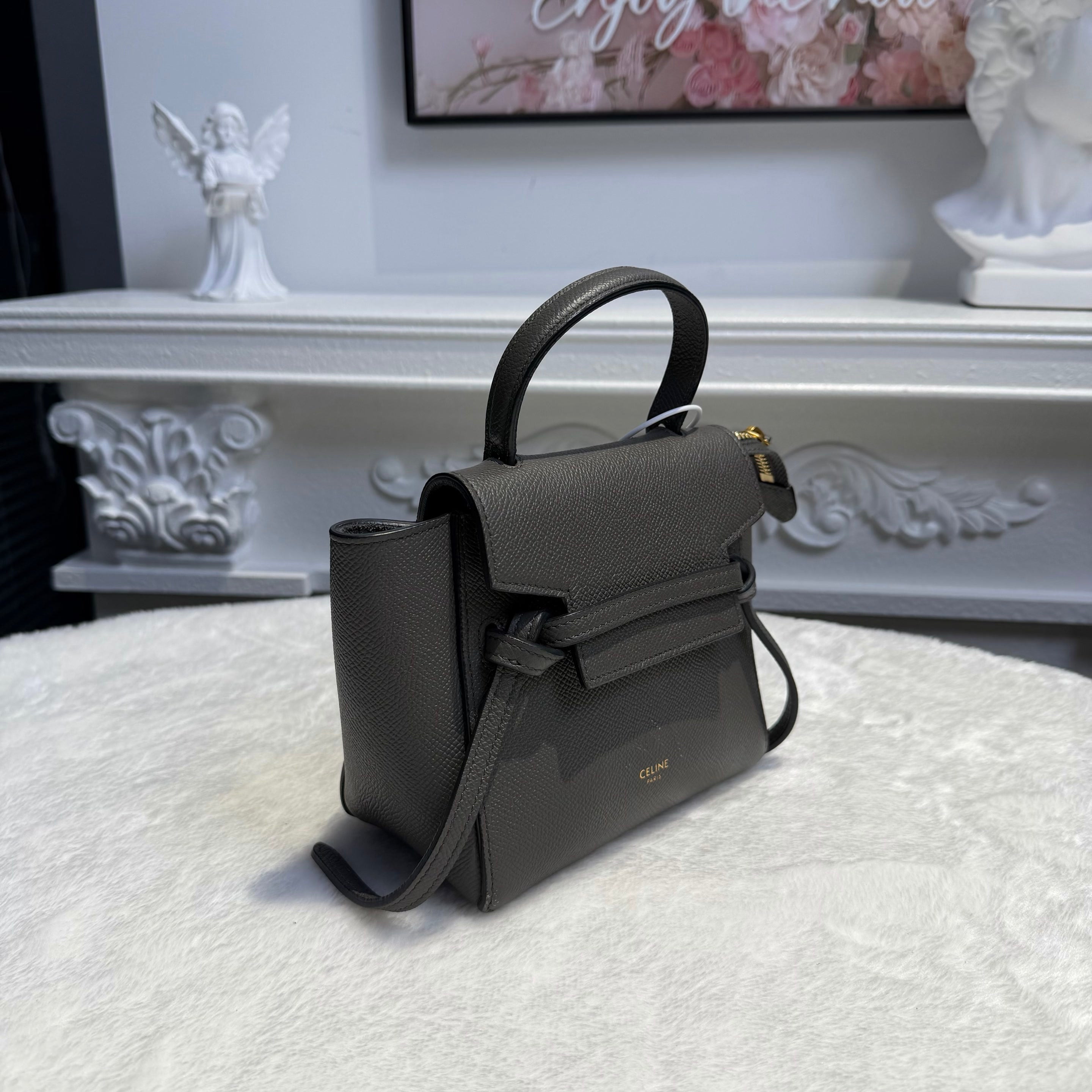 【#216】Pre-owned Celine Mini Belt Bag Dark Grey Grained Calfskin Leather