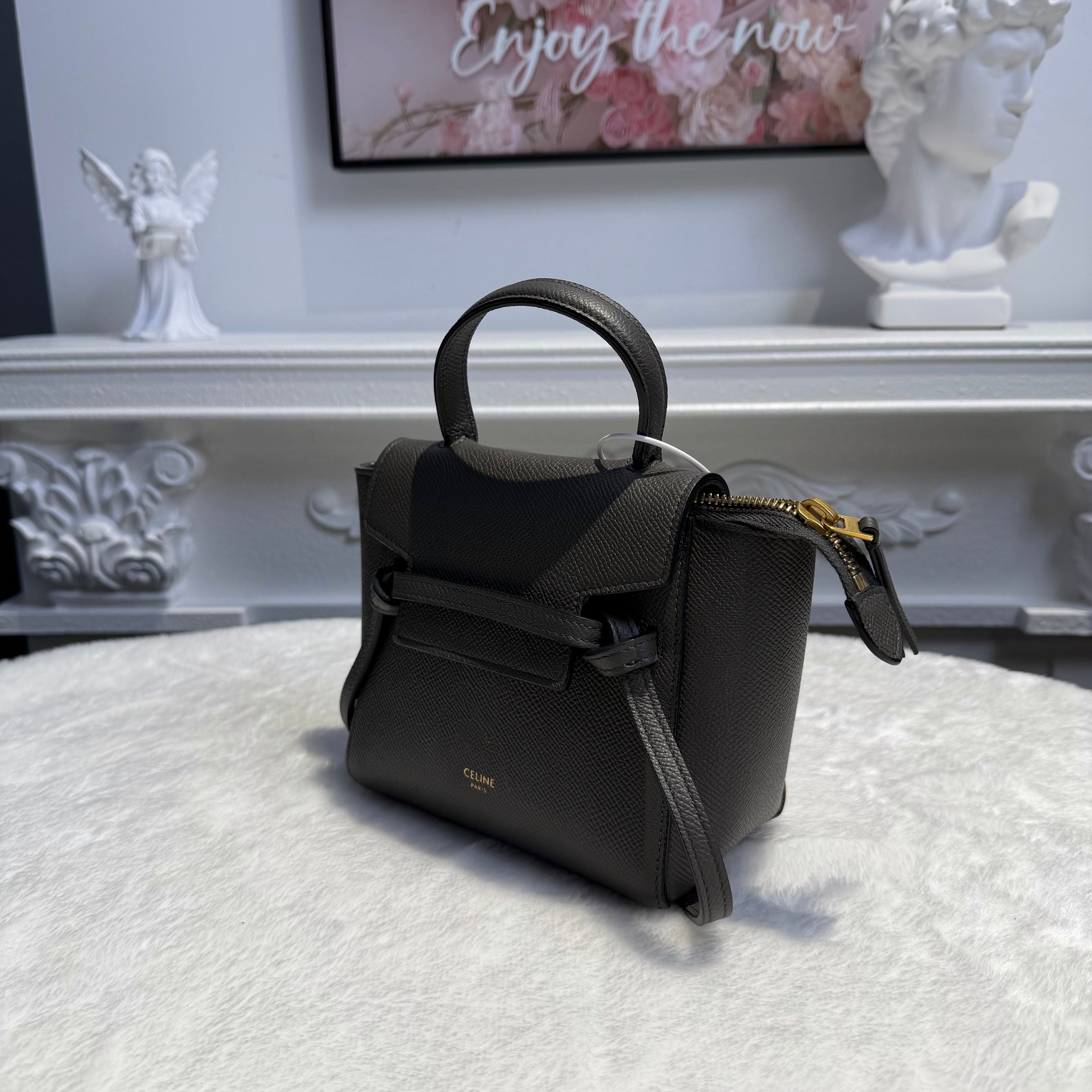 【#216】Pre-owned Celine Mini Belt Bag Dark Grey Grained Calfskin Leather