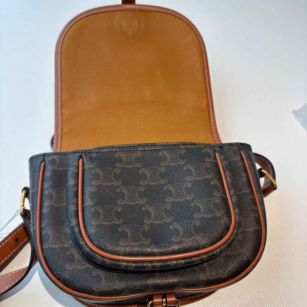 【#230】Pre-owned Celine Medium Folco Bag Triomphe Canvas & Tan Calfskin Leather