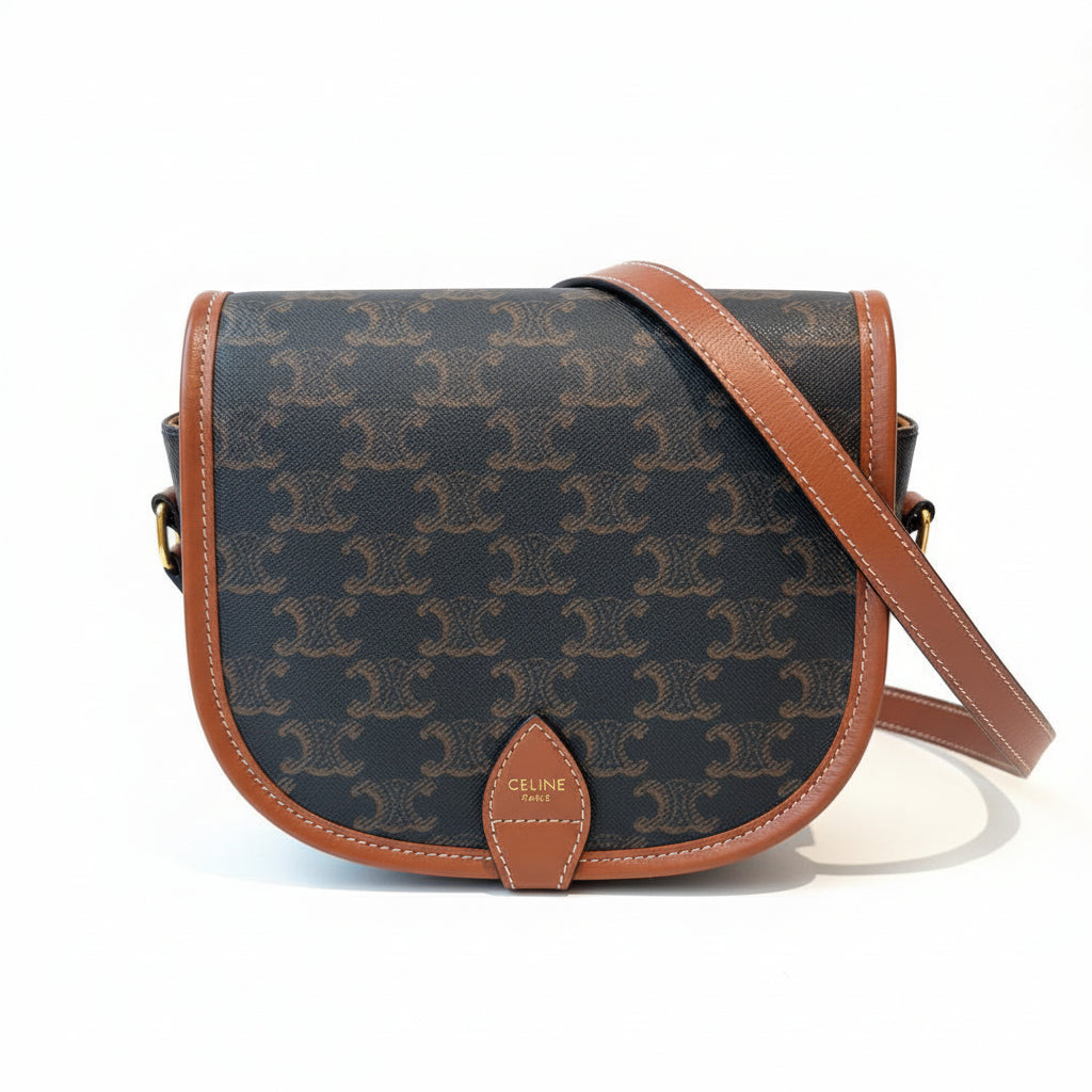 【#230】Pre-owned Celine Medium Folco Bag Triomphe Canvas & Tan Calfskin Leather