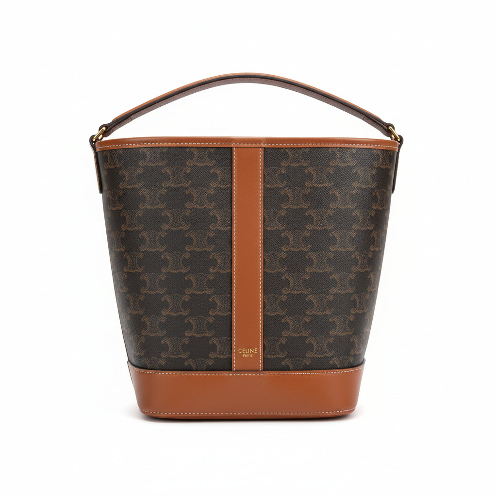 【#218】Pre-owned Celine Small Bucket Bag Triomphe Canvas & Tan Calfskin Leather