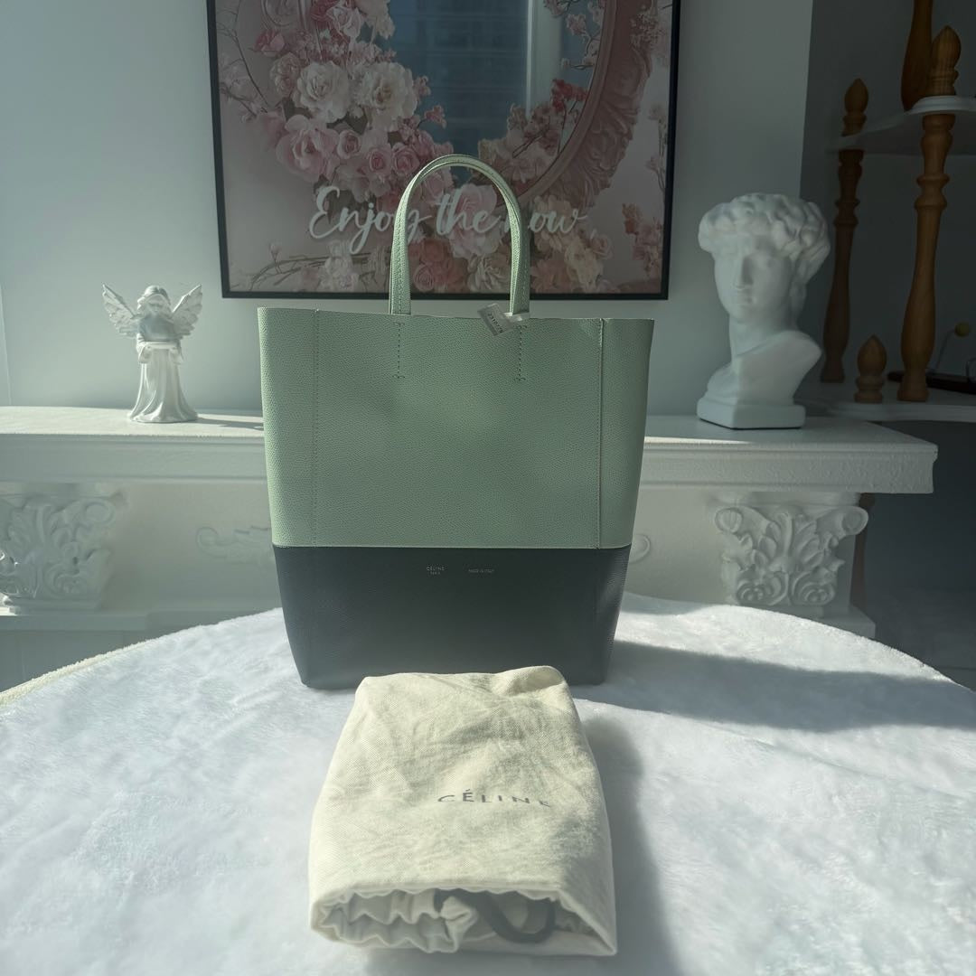 【#217】Pre-owned Celine Vertical Cabas Small Bag Mint Green & Black Grained Calfskin Leather