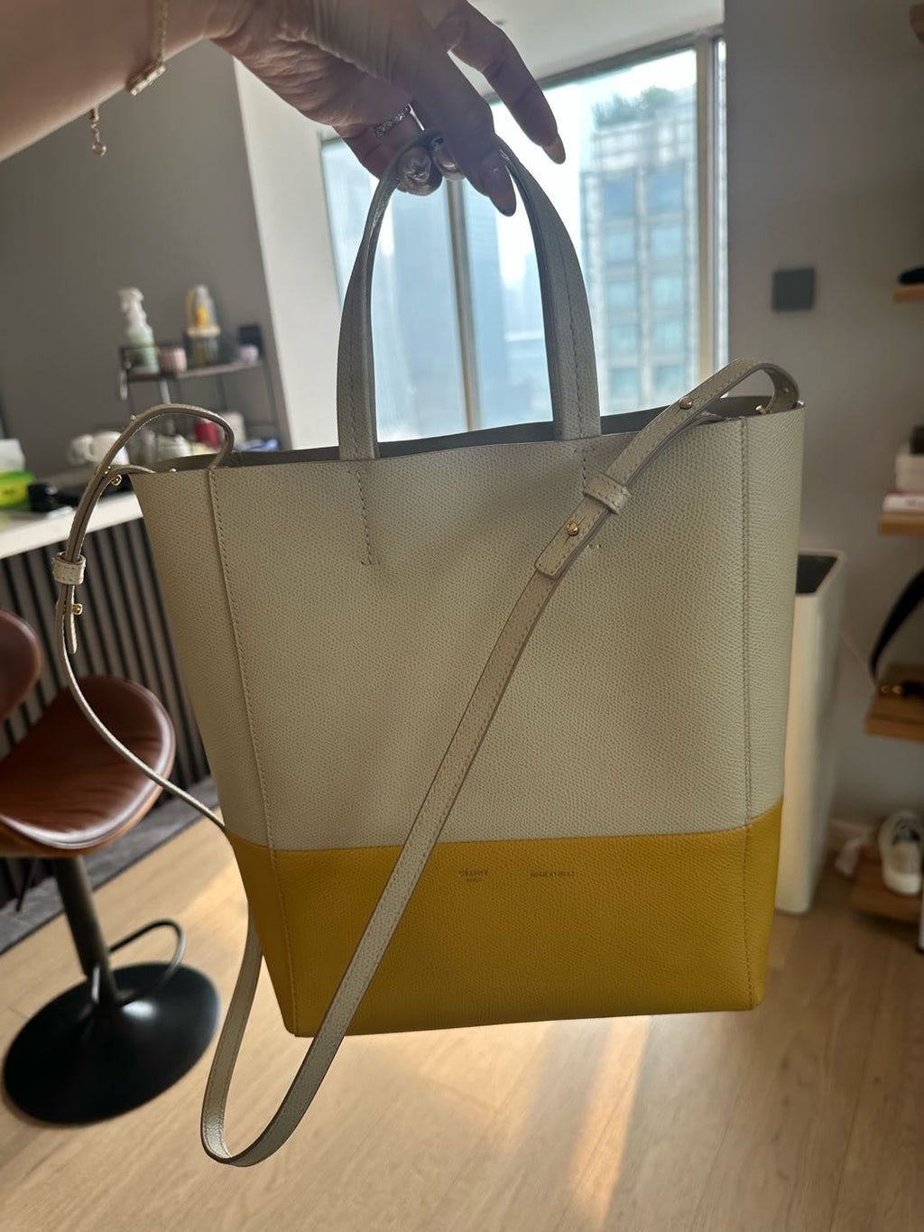【#229】Pre-owned Celine Vertical Cabas Small Bag Light Grey & Mustard Yellow Grained Calfskin Leather