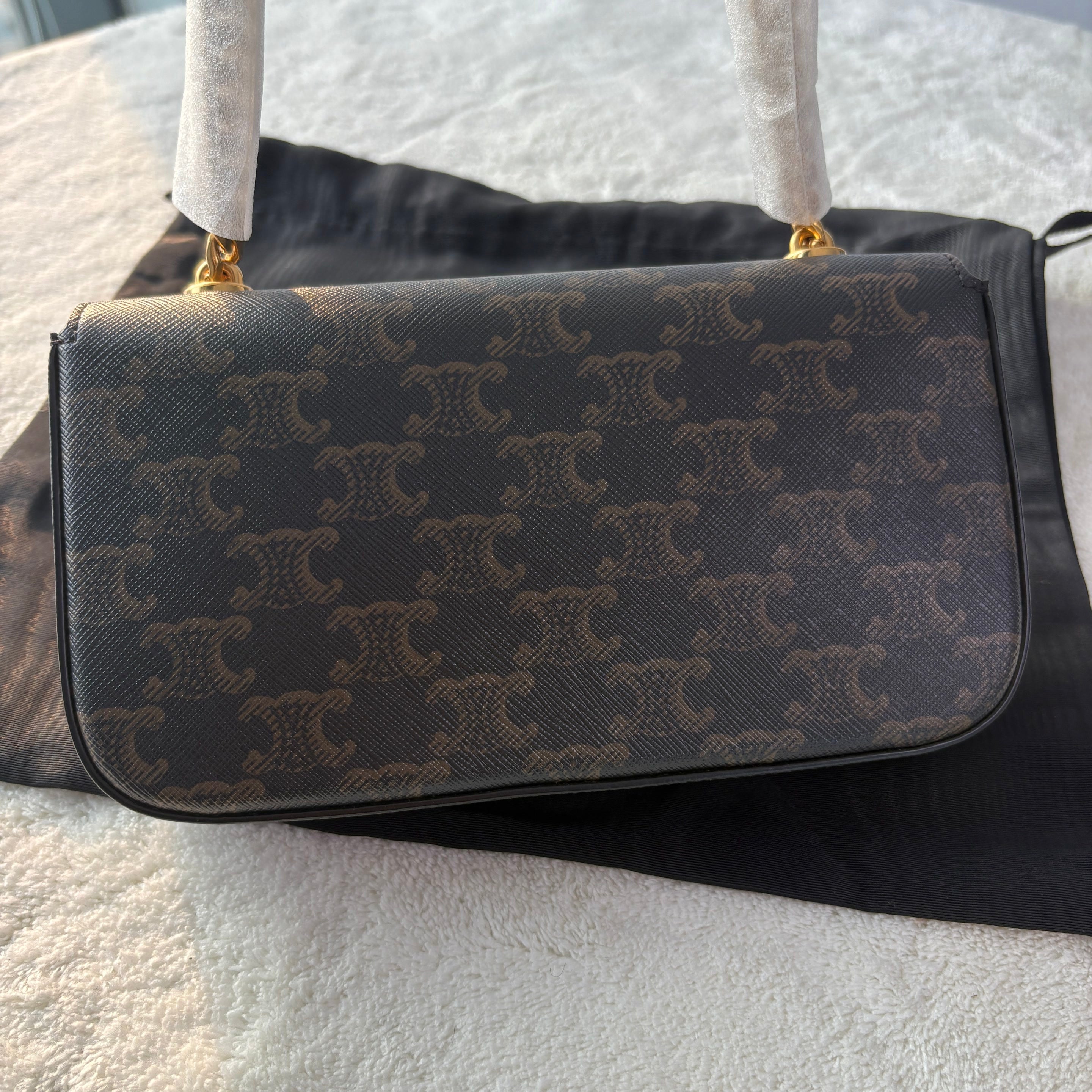 【#220】Pre-owned Celine Triomphe Medium Shoulder Bag Triomphe Canvas & Tan Calfskin Leather