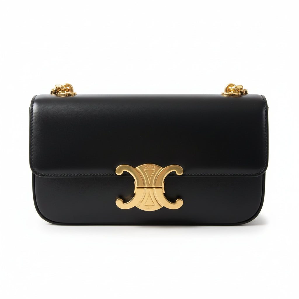 【#219】Pre-owned Celine Triomphe Medium Shoulder Bag Black Shiny Calfskin Leather