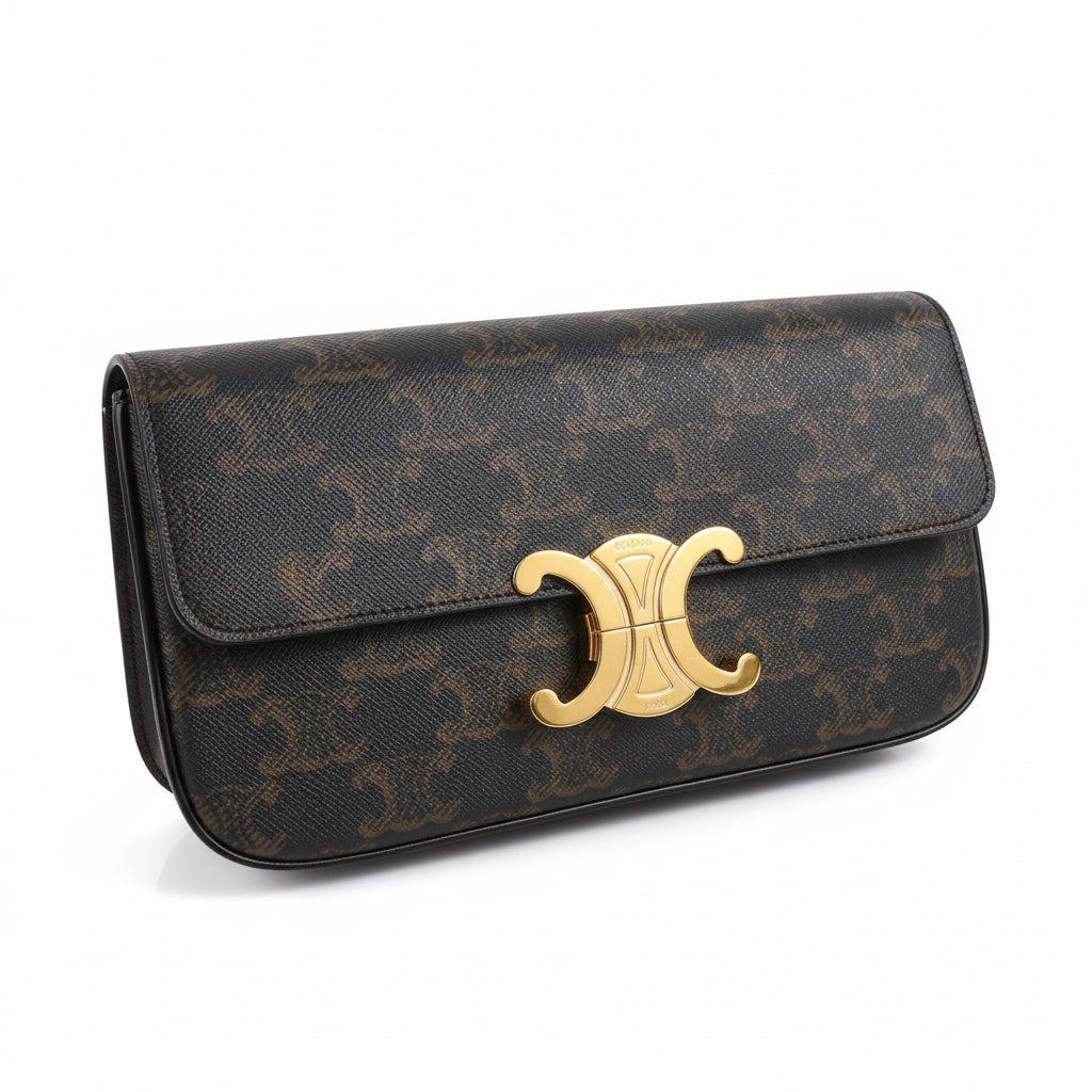 【#220】Pre-owned Celine Triomphe Medium Shoulder Bag Triomphe Canvas & Tan Calfskin Leather