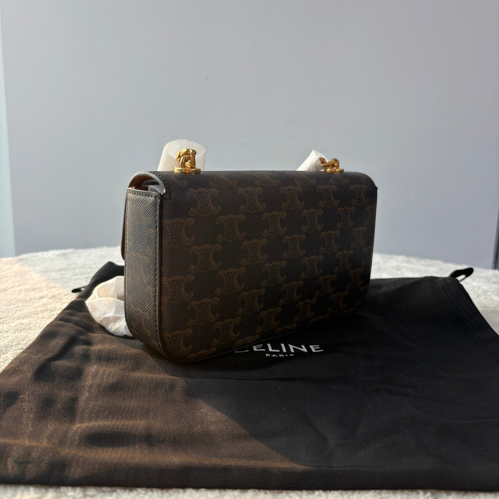 【#220】Pre-owned Celine Triomphe Medium Shoulder Bag Triomphe Canvas & Tan Calfskin Leather