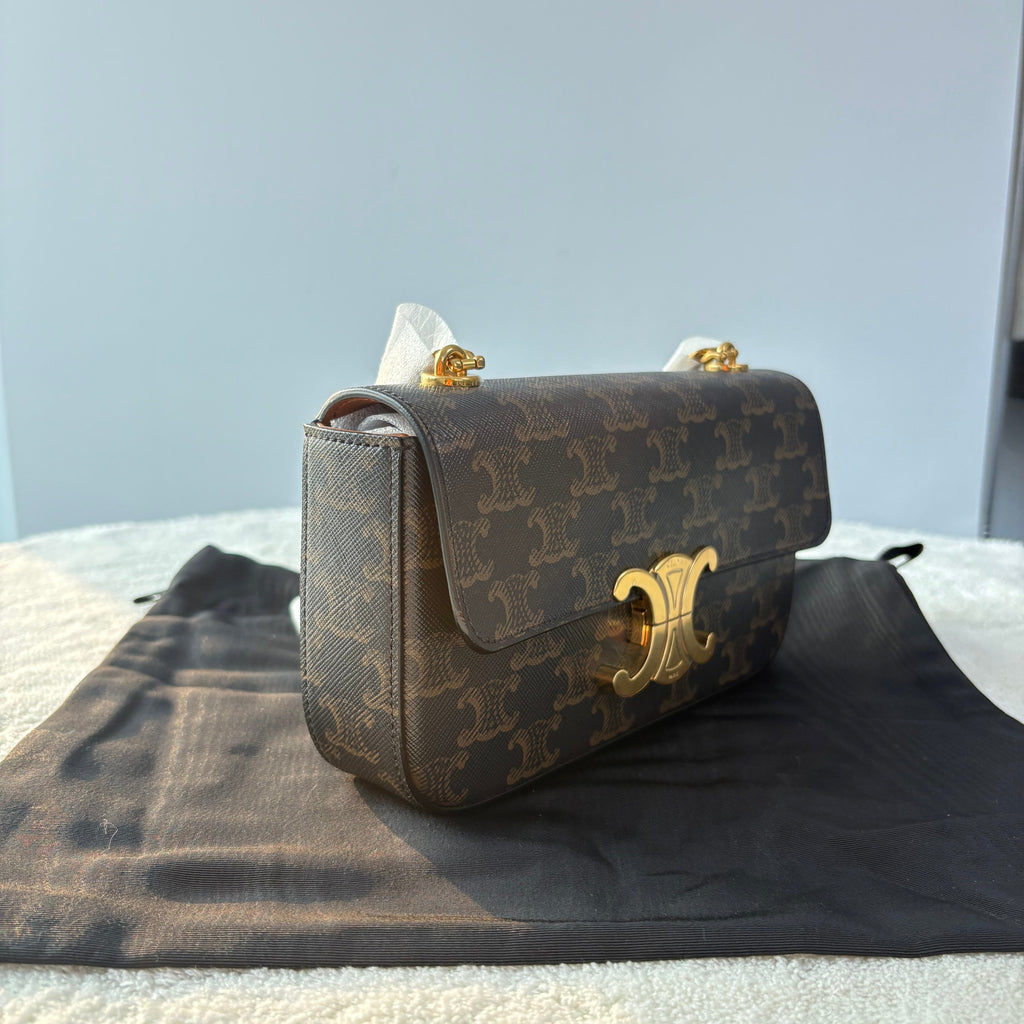【#220】Pre-owned Celine Triomphe Medium Shoulder Bag Triomphe Canvas & Tan Calfskin Leather
