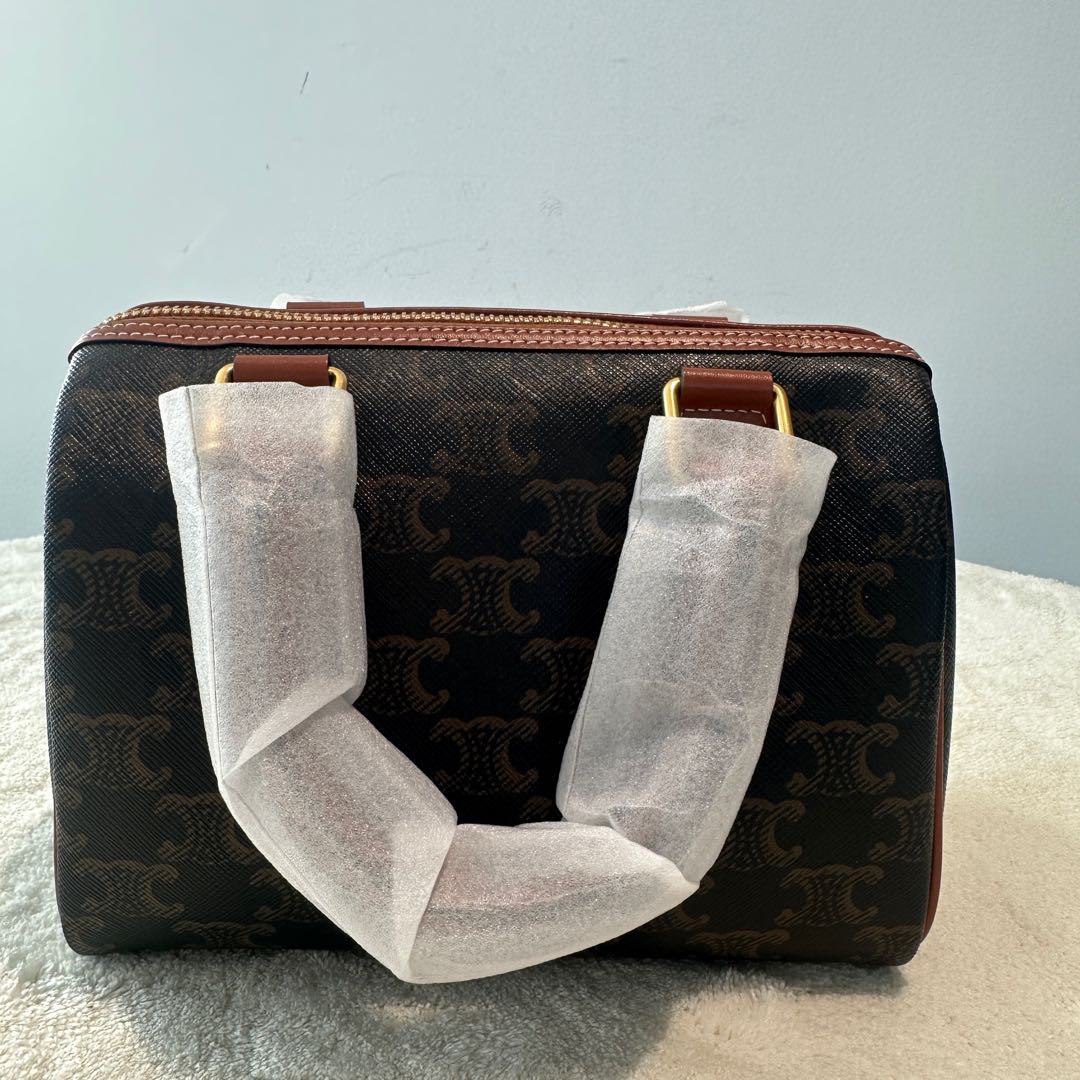 【#224】Pre-owned Celine Small Boston Bag Triomphe Canvas & Tan Calfskin Leather